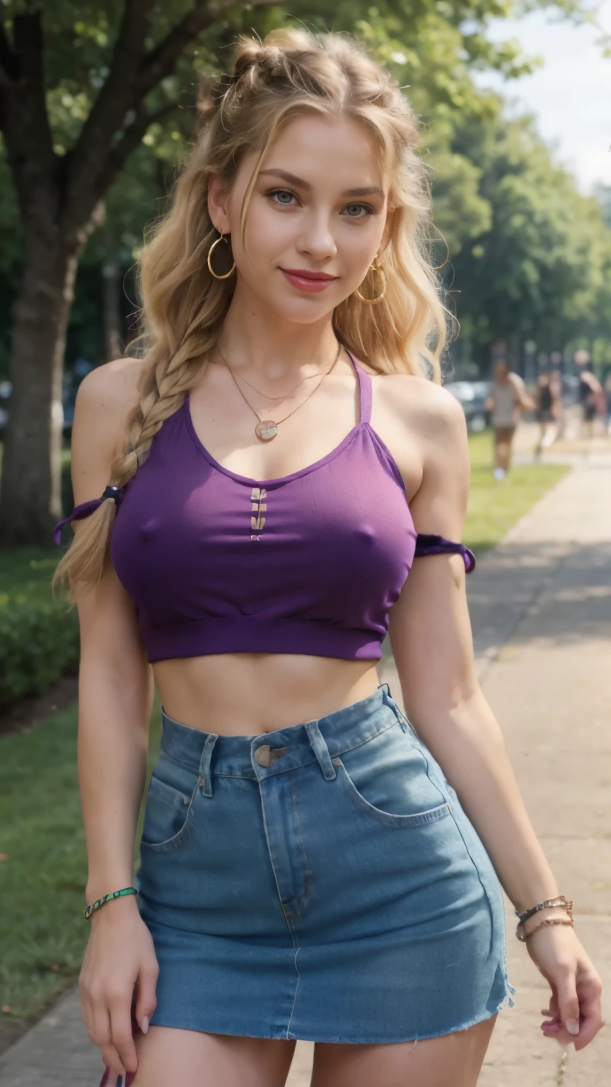 Caucasian woman, blonde hair, dark hair roots, wavy hair, hair up, braided hair, outlined green eyes, red lipstick, smile, athletic body, small breasts, nipples, purple top, denim skirt, earrings, necklace, watch pulse, bracelets, standing, in a park, shot from the ground up.
