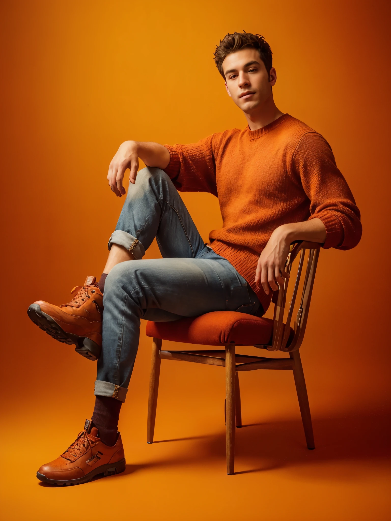 arafed man with shaved head hair sitting on a chair in a red sweater and jeans, editorial photograph, promotional image, promotional picture, photoshoot, zac retz, sitting on a chair, seated on wooden chair, rick dai, commercial photo, he is wearing a brown sweater, solo photoshoot, promotional photo, orange tones, promo shot, advertising photo, sitting on chair, movie promotional image
