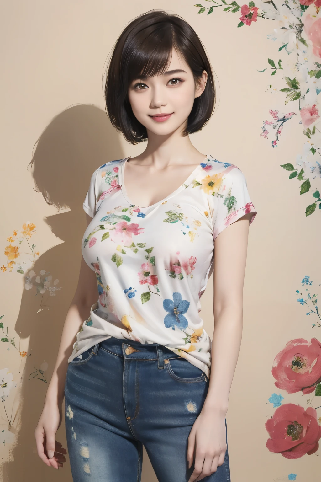156
(Shorthair:1.46), (a 20 yo woman, standing), (A hyper-realistic), (Masterpiece), (8KUHD), (gentle smile), Slender waist, Wearing jeans, ((Floral Clothing - T-Shirts)), Wearing long pants, abstract splash painting, (doodle:1.46), (breasts:1.46), (口紅)