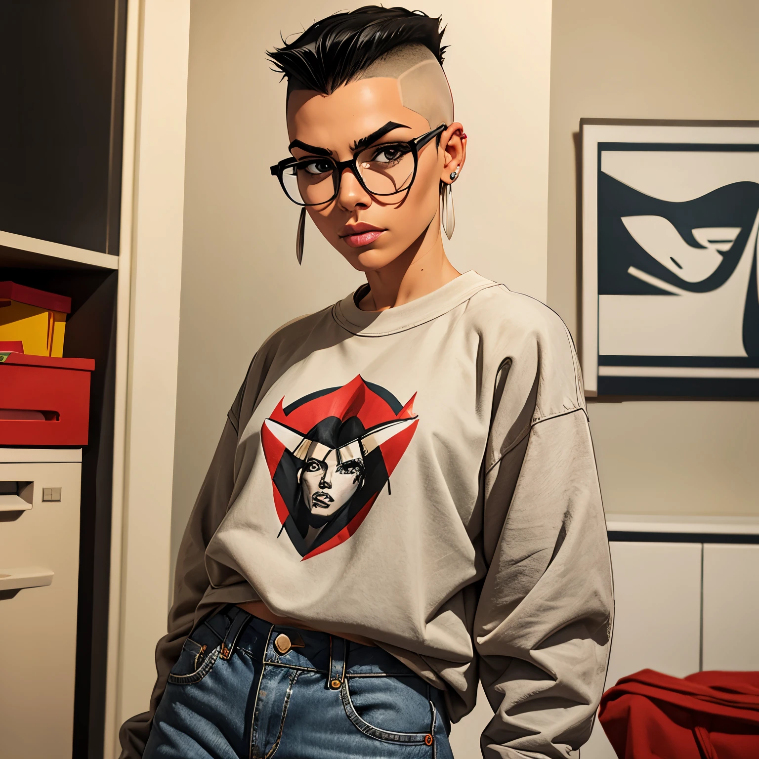a young Native American woman with short black hair, both sides of the head shaved making the hair into a slicked back Mohawk and the Mohawk is bleached platinum blonde, she has medium golden tan skin, black eyes and a piercing in her bottom lip and right eyebrow. She wearing a grey oversized baggy sweatshirt and baggy ripped mom jeans with black converses and round glasses.
