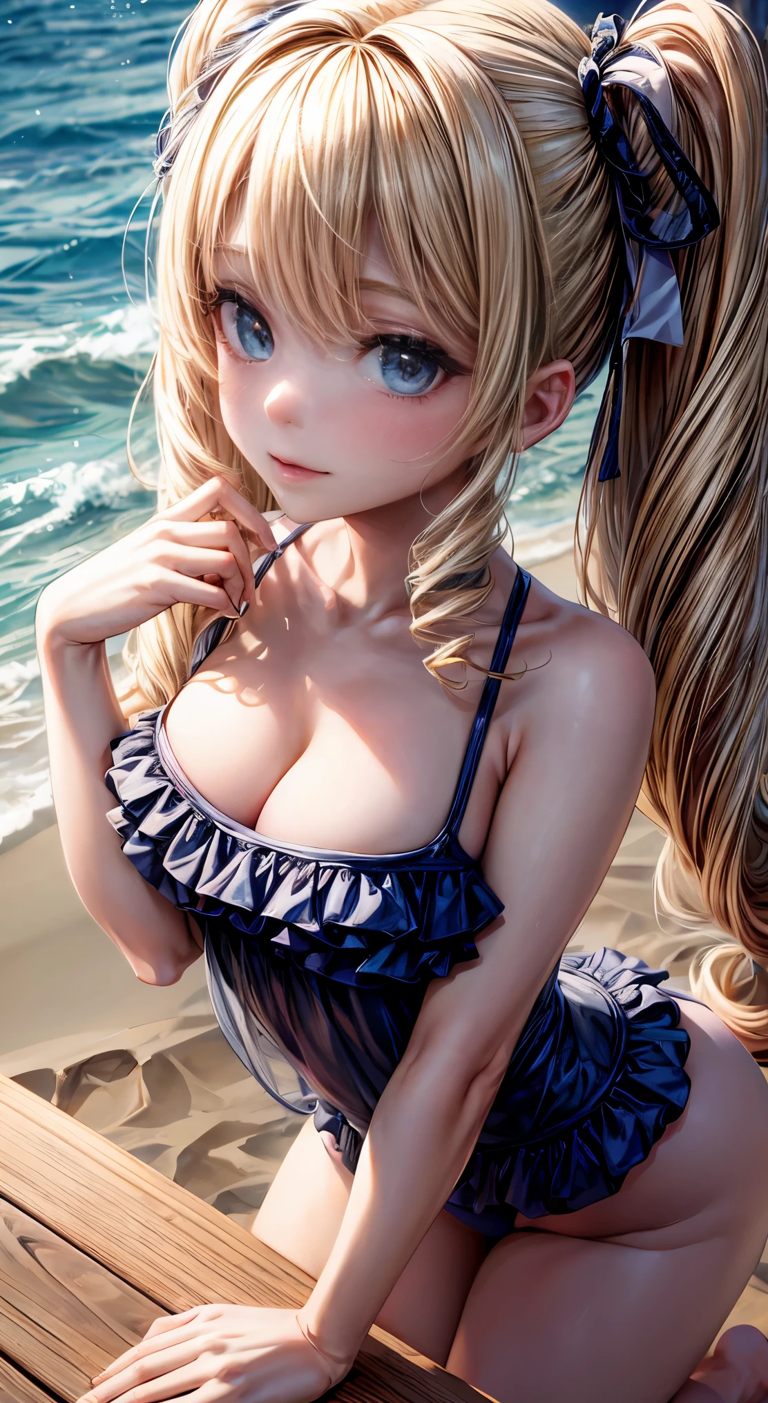 adorable,   cleavage,small breast,   ( suggestive:1.2),(smile:0.8),     (beautiful eyes, fuul_body, catch light), (​masterpiece、photo realistic,  top-quality、ultra-detailliert、Film Light、intricate-detail、hight resolution、8K), barbara_genshin, blonde_hair, blue_eyes, twintails, bangs, long_hair, drill_hair, twin_drills, swimwear