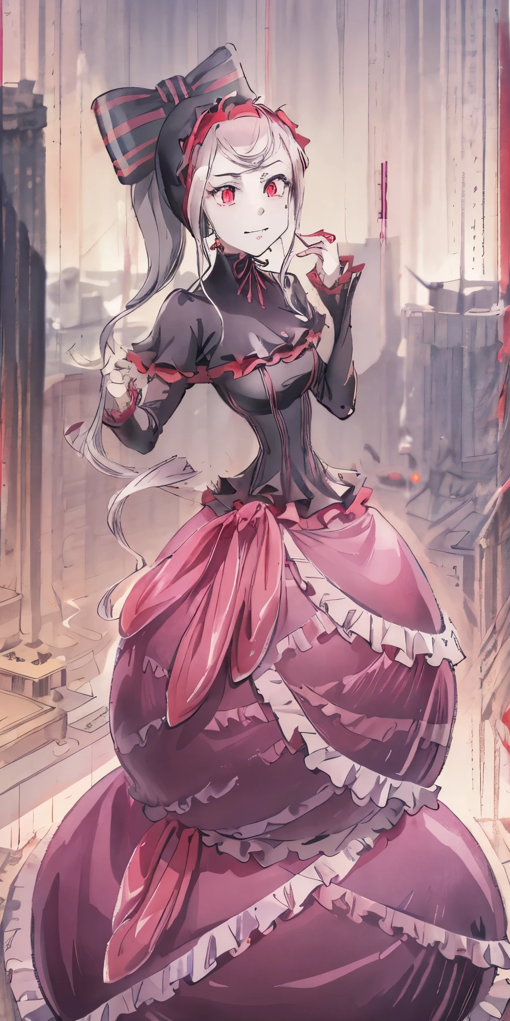 masterpiece, best quality, ShalltearV4, 1girl, solo, dress, frills, bow, hair bow, fang, slight smile, pale skin, glowing, glowing eyes, portrait