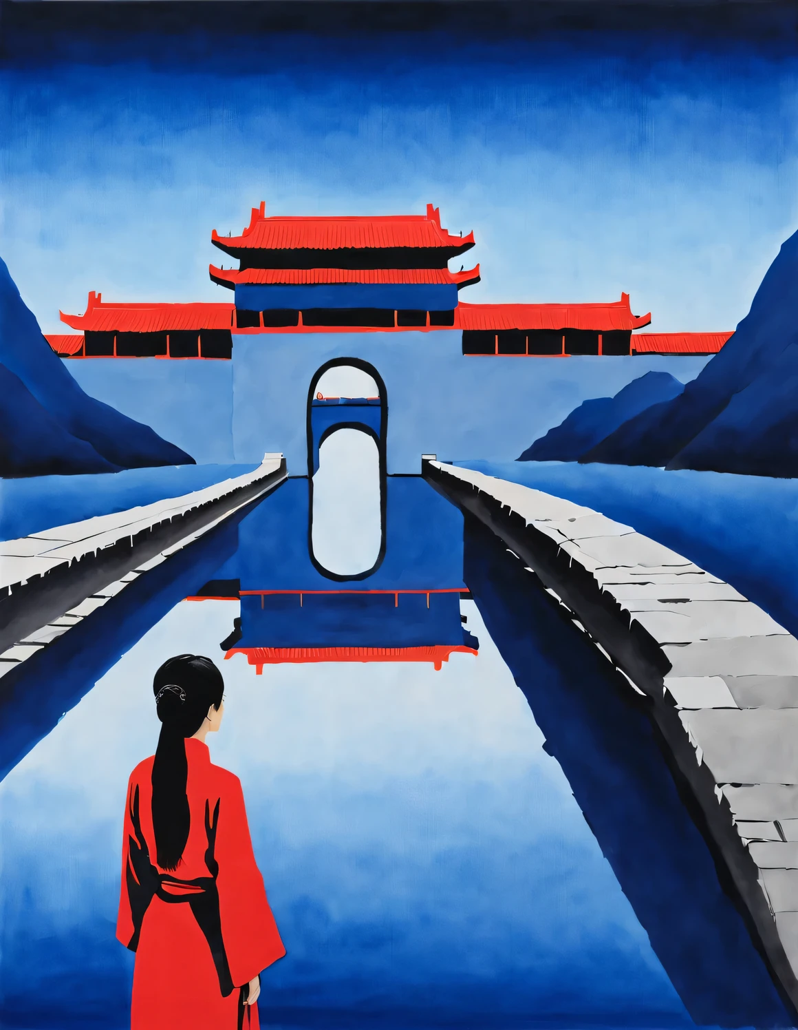 Modern minimalist composition，The main color is Chinese red、indigo，gouache art，Studio photos，（只剩下一座古老的中国红色拱形城门的轮廓和一个长发的中国红衣女子站着望着远处indigo色的天空. ），， reflection，Sense of space ，sense of lines，translucent，matte texture，chenjialing，Liu Ye，Minimalism