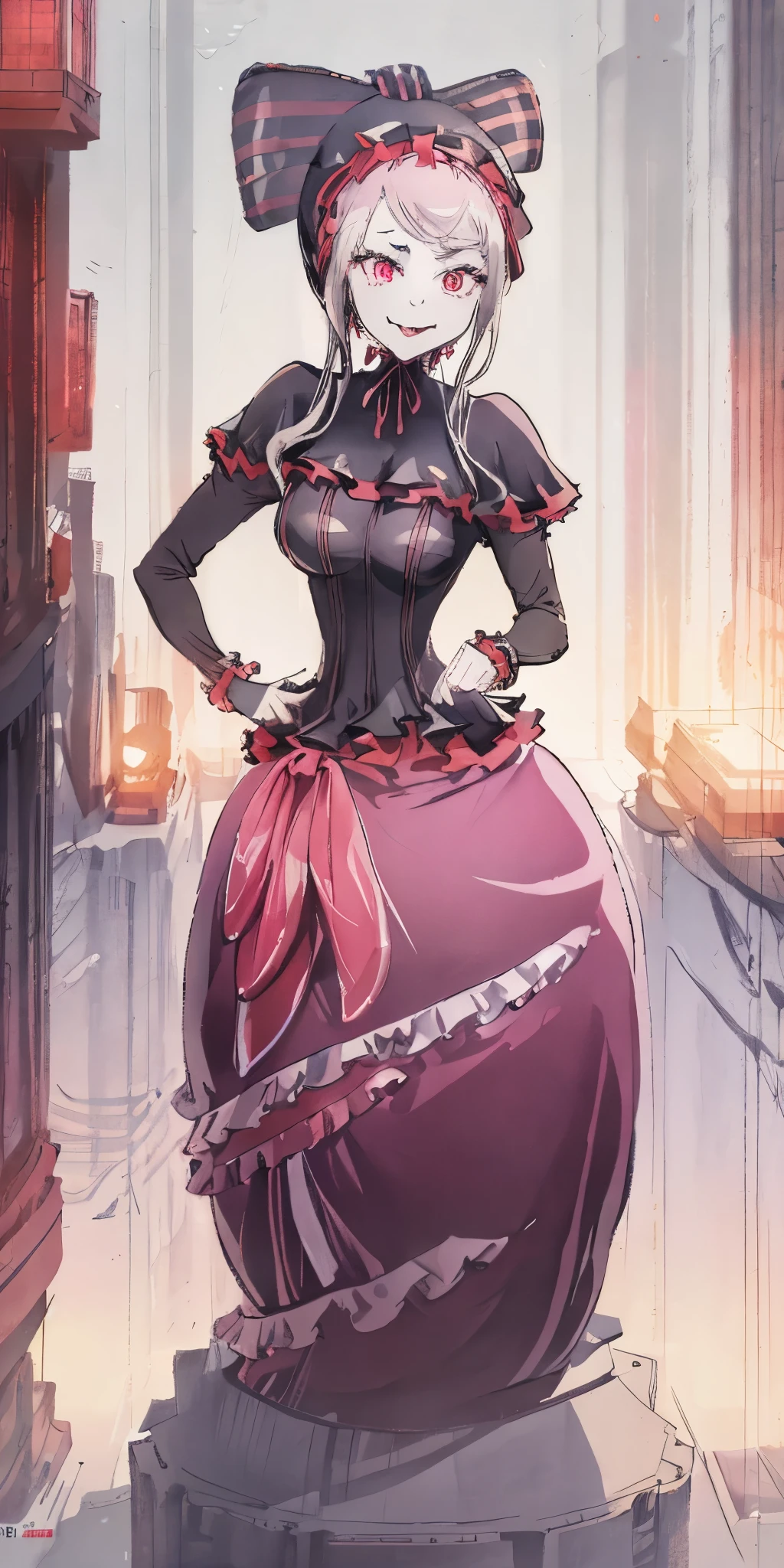 masterpiece, best quality, ShalltearV4, 1girl, solo, dress, frills, bow, hair bow, fang, slight smile, pale skin, glowing, glowing eyes, portrait