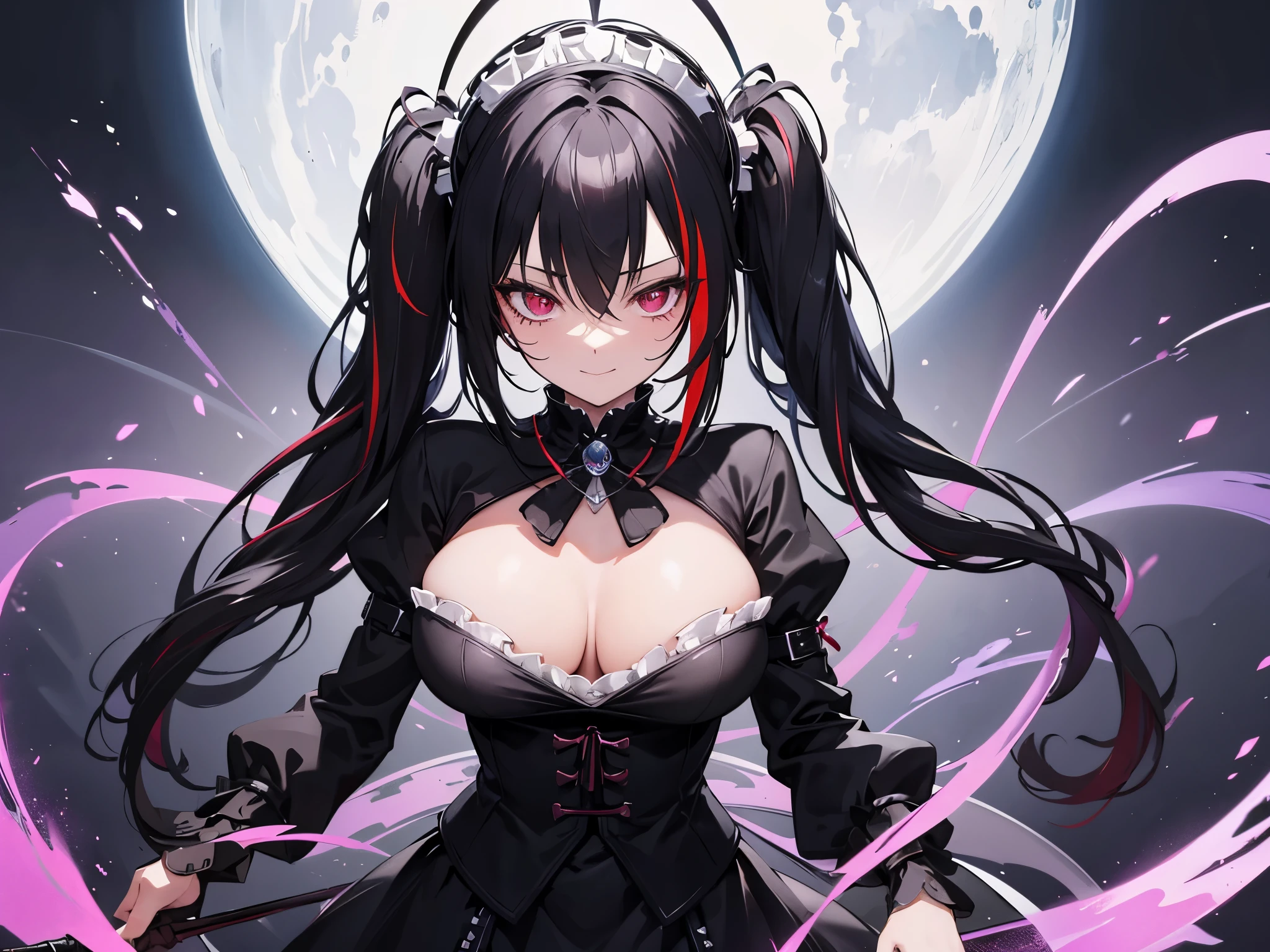 Within the confines of a detailed anime realm,a lady,stylish composition,has snake eyes,ghost effect,stance for attack,has snake eyes,evil smile,laugh out loud,Gothic ta costume with short maid uniform,chocolate dark-skinned female,Hair color is black and scarlet((streaked hair)) with twintail,large breasts,sorcerer,gryphon layer,owns a cool walking stick,magic circle background,Good image quality,8K,16K