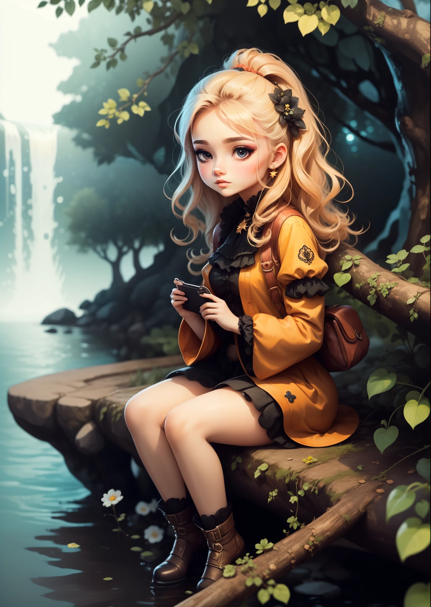 The shore of a large waterfall、ta fashion、cute girl、16-yting on a thick branch、I can see a small star、flowers around、in the deep forest、perfect lighting、sharp focus、High definition、high resolution、High color rendering、High resolution、Super realistic、photo realistic 、((highest quality)), ((masterpiece)), gothic stuff、Bold colors and patterns, eye-catching accessories, fashionable and innovative hairstyles, bright makeup, ((Beautiful and aesthetically pleasing))