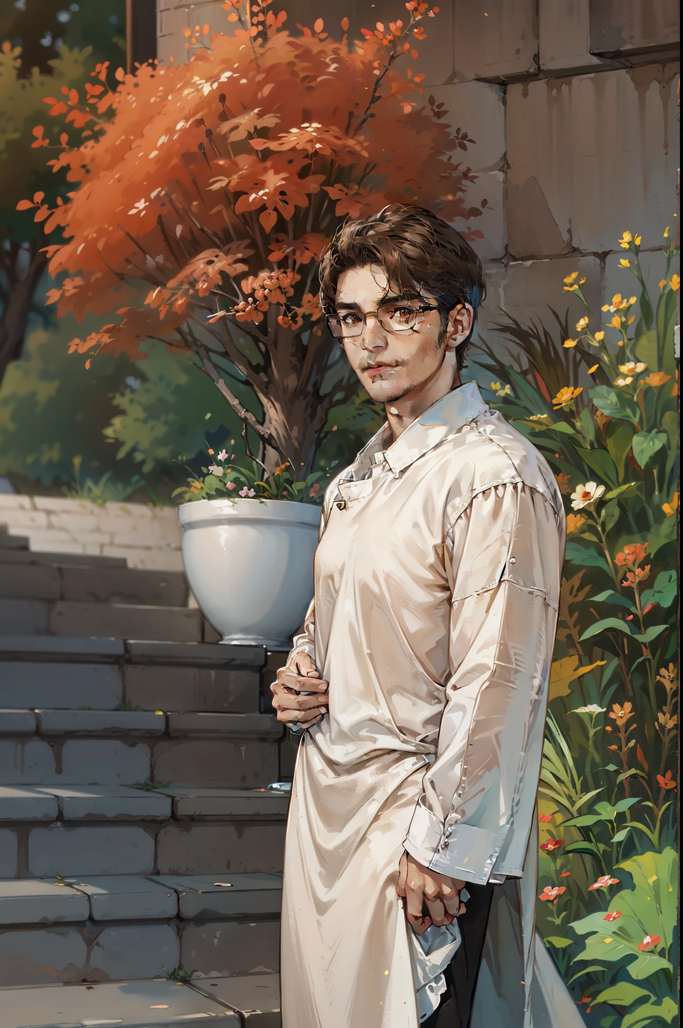 portrait, long costume, ((glasses)), short hair, ((dark brown hair)), ((brown eyes)), ((anime)), masterpiece, High-Resolution, ((realistic))