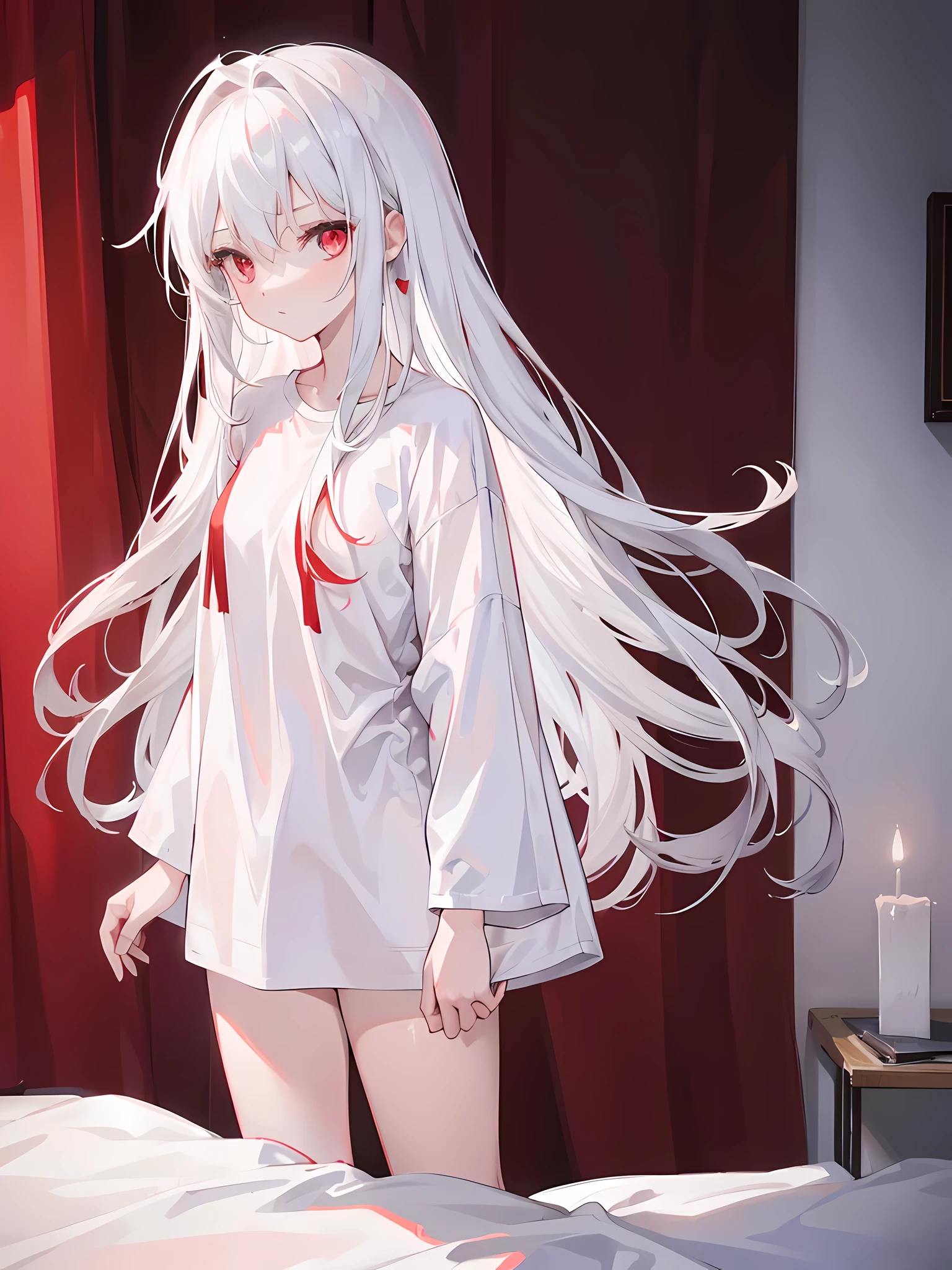 1 girl, long white hair, red crimson eyes, wearing oversized plain white T-shirt, wearing underwear, in the bedroom, standing, high res, 8K, looking at viewer