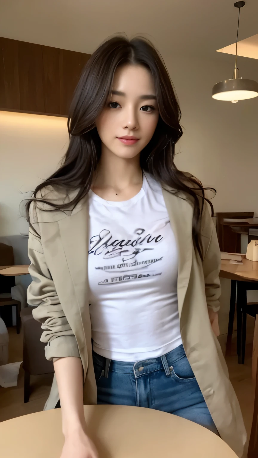 ((top-quality、8k、masterpiece:1.3))、Beautiful woman with perfect body:1.4、slim abdomen:1.2、Longhair, normal breast, Highly detailed facial and skin texture, A detailed eye, (smile), (full body shot), ((cafe)), (sitting on chair), (((wearing t-shirt with jacket)), looking in front