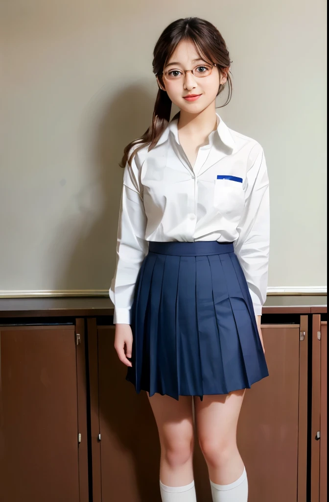 ((highest quality、Super high resolution))、(Photoreal:1.4)、 picture （1 Japanese girl）、high school girl、school uniform 、Big eyes、white shirt、pleated skirt、high socks school、classroom、blur the background:1.5、Glasses、beautiful girl、brown hair、short bob、short