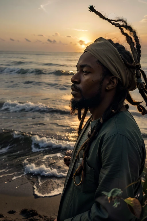A Rastafarian man with a serene expression, taking a deep drag from a joint as he gazes out at a sunset over the ocean, the smoke swirling around him like a halo.