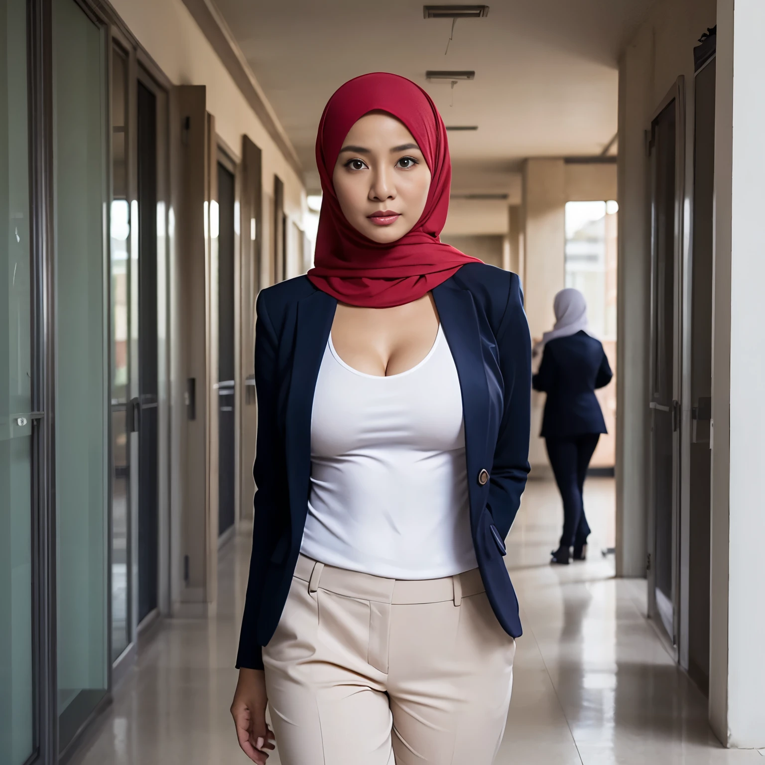 52 years Old, Hijab Indonesian mature woman, Big Tits : 96.9, Blazer, Slim body, Breast about To burst out, at School Corridor, Bright light, at Daytime