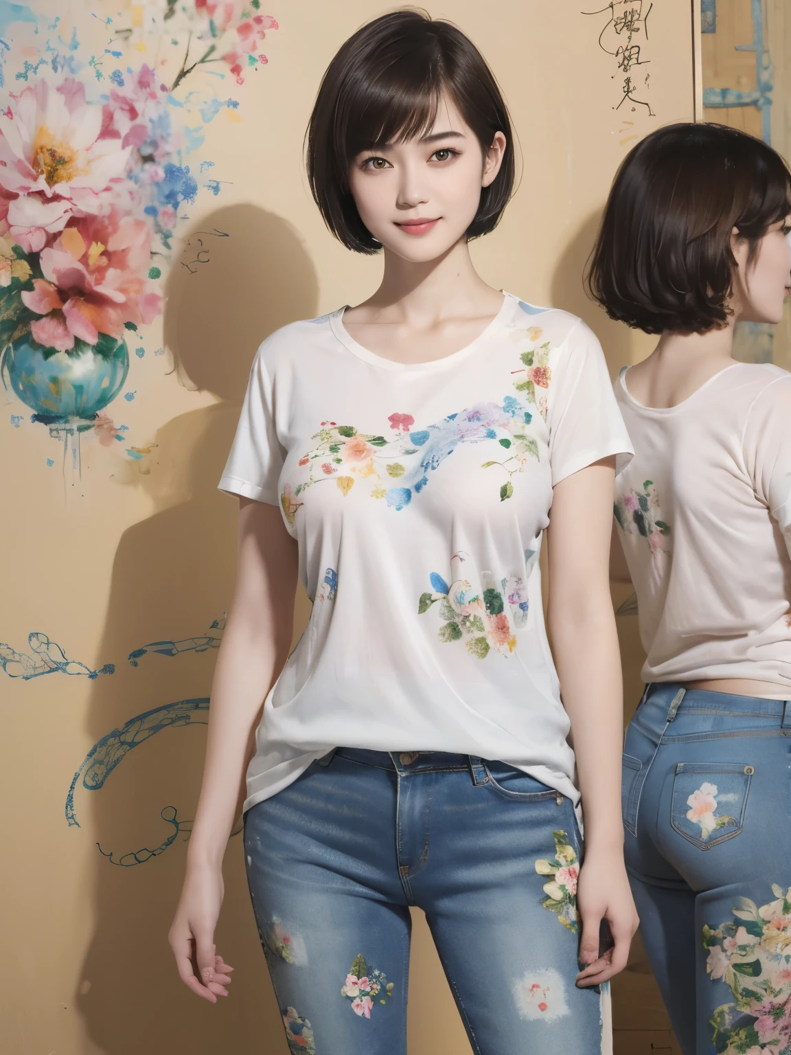 156
(Shorthair:1.46),  (a 20 yo woman, standing), (A hyper-realistic), (Masterpiece), (8KUHD), (gentle smile), Slender waist, Wearing jeans, ((Floral Clothing - T-Shirts)), Wearing long pants, abstract splash painting, (doodle:1.46), (breasts:1.46), (口紅)
