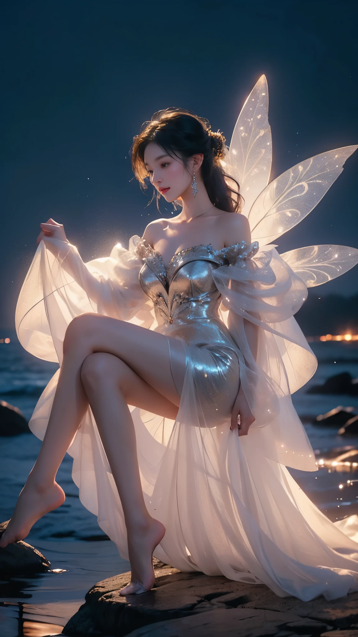 glowing, (masterpiece, best quality:1.2), 1 girl, alone, ((off-the-shoulder clothes)), ((night)), lantern, candlelight, In the depths of Wonderland，The moonlight falls like water，foggy room，The figure of the heroine is vaguely visible，Just like the fairy in the painting，Slender sexy legs，very nice legs，Show sexy legs，big breasts，美丽而又带着一丝mystery的色彩。Her face is beautiful and delicate，Like finely carved jade，Showing otherworldly beauty。The eyebrows are picturesque，The waves in my eyes are like twinkling stars，Show the light of perseverance and wisdom。The bridge of the nose is straight，Lip color like cherry，The slightly raised corners of the mouth reveal confidence and calmness。Her face is well defined，The skin is as fair as jade，Reveals a healthy glow，Just like fairies, She never eats fireworks in this world。Her makeup is light and delicate，Not too much embellishment，But enough to show her temperament and charm。Light-colored foundation brings out the transparency of the skin，A light eyebrow pencil outlines her perfect eyebrow shape，Eye makeup is eye shadow and eyeliner，Make her eyes brighter and more energetic。嘴唇涂上grace的口红，Adds a bit of charm and sophistication。她的衣服grace别致，Clothes fluttering，It seems like it will be blown up by the wind at any time，drifting into the distance。既不失grace，Also showed off her extraordinary skills。Rocking with her movements。Her hair is tied back casually，Secure it with a hosta，A few strands of hair flutter gently in the wind，Adds a bit of softness。Her figure is looming in the fairyland，宛如一道big breasts美丽的风景线，Attracted everyone&#39;s concern。She seems to be a fairy in wonderland，big breasts美丽、grace、mystery、and full of power。