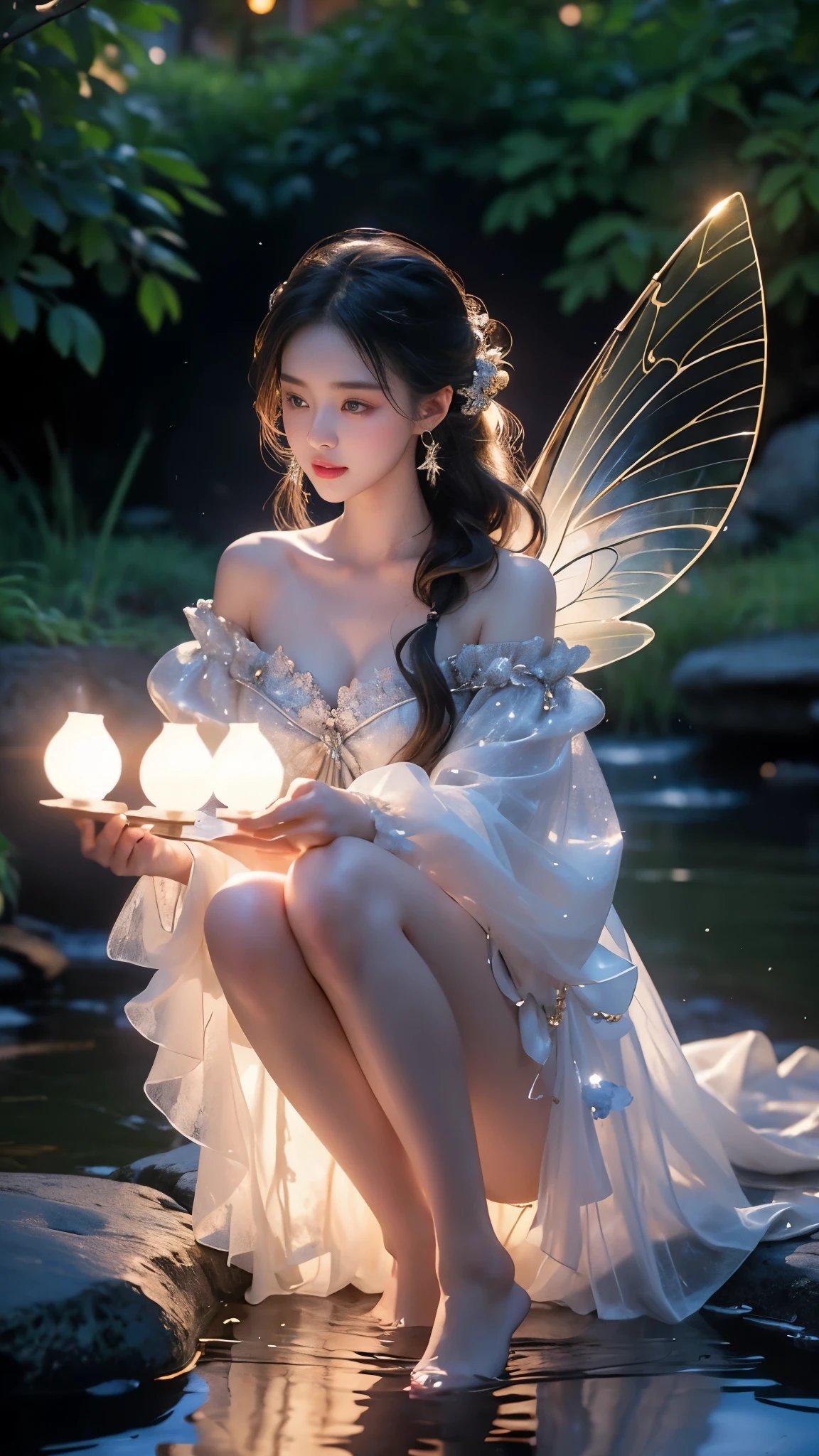 glowing, (masterpiece, best quality:1.2), 1 girl, alone, ((off-the-shoulder clothes)), ((night)), lantern, candlelight, In the depths of Wonderland,The moonlight falls like water,foggy room,The figure of the heroine is vaguely visible,Just like the fairy in the painting,Slender sexy legs,very nice legs,Show sexy legs,big breasts,美丽而又带着一丝mystery的色彩。Her face is beautiful and delicate,Like finely carved jade,Showing otherworldly beauty。The eyebrows are picturesque,The waves in my eyes are like twinkling stars,Show the light of perseverance and wisdom。The bridge of the nose is straight,Lip color like cherry,The slightly raised corners of the mouth reveal confidence and calmness。Her face is well defined,The skin is as fair as jade,Reveals a healthy glow,Just like fairies, She never eats fireworks in this world。Her makeup is light and delicate,Not too much embellishment,But enough to show her temperament and charm。Light-colored foundation brings out the transparency of the skin,A light eyebrow pencil outlines her perfect eyebrow shape,Eye makeup is eye shadow and eyeliner,Make her eyes brighter and more energetic。嘴唇涂上grace的口红,Adds a bit of charm and sophistication。她的衣服grace别致,Clothes fluttering,It seems like it will be blown up by the wind at any time,drifting into the distance。既不失grace,Also showed off her extraordinary skills。Rocking with her movements。Her hair is tied back casually,Secure it with a hosta,A few strands of hair flutter gently in the wind,Adds a bit of softness。Her figure is looming in the fairyland,宛如一道big breasts美丽的风景线,Attracted everyone's concern。She seems to be a fairy in wonderland,big breasts美丽、grace、mystery、and full of power。