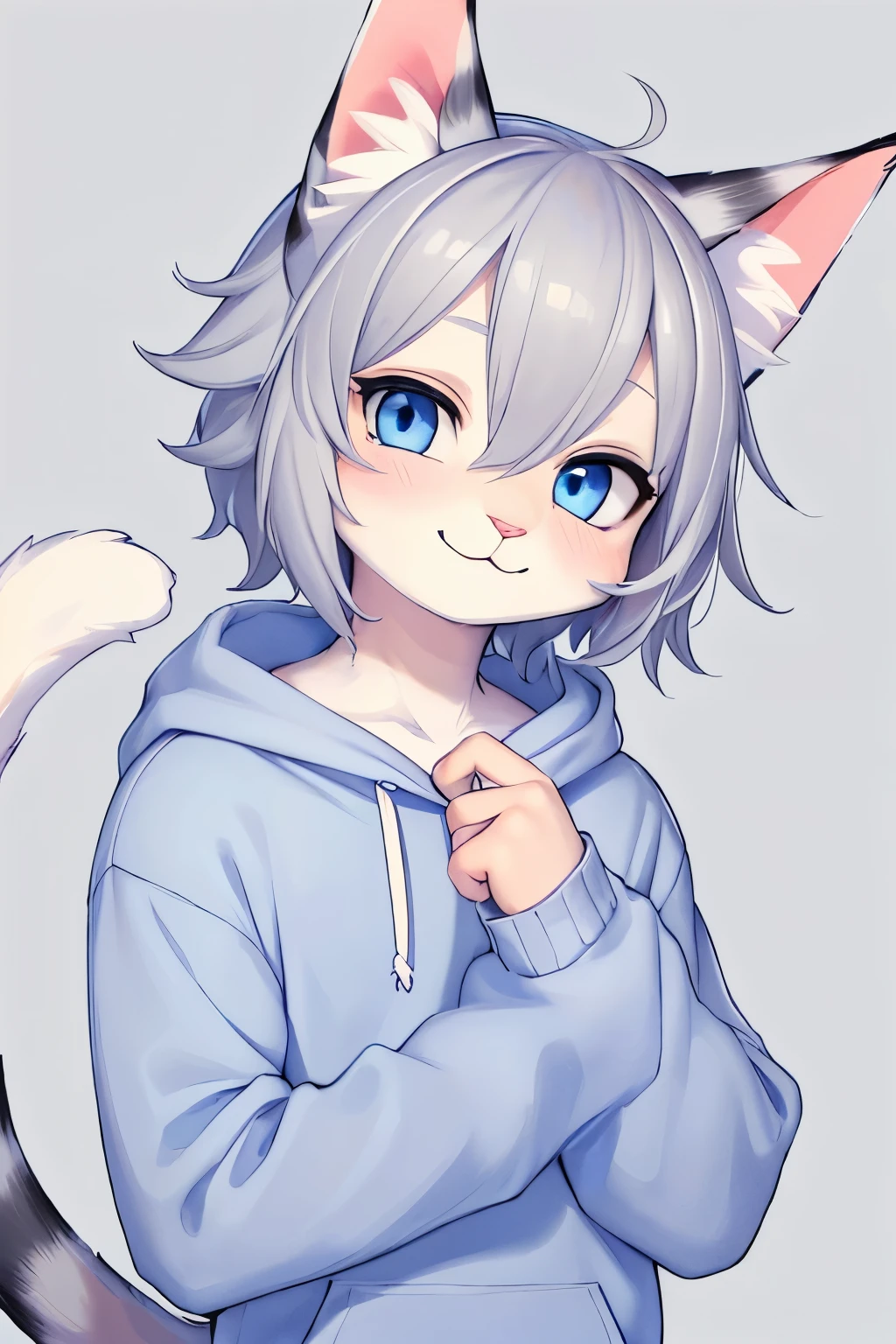 (it's empty here), ((masterpiece)) , ((Best quality)), illustration, fluffy,
cat, animal ears, tail, Bodymeh, 1 guy, throw, Upper body, 1 guy, One, short hair, gray hair, *//*, Blue eyes, *//*, white sweatshirt, Looking at the viewer, smile,