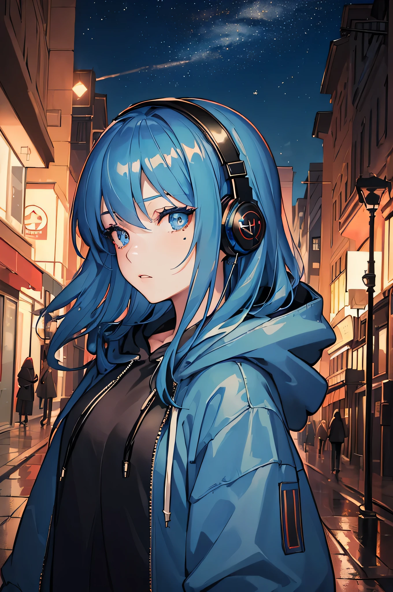 (masterpiece, side lighting, Super detailed, beautiful details eyes: 1.2), 1 girl, bag, building, Side view, headphones, hood, hood down, hooded Jacket, hoodie, Jacket, long hair, blue hair, Side view, blue hair, alone, street, 上半身のmasterpiece, highest quality, beautiful night view