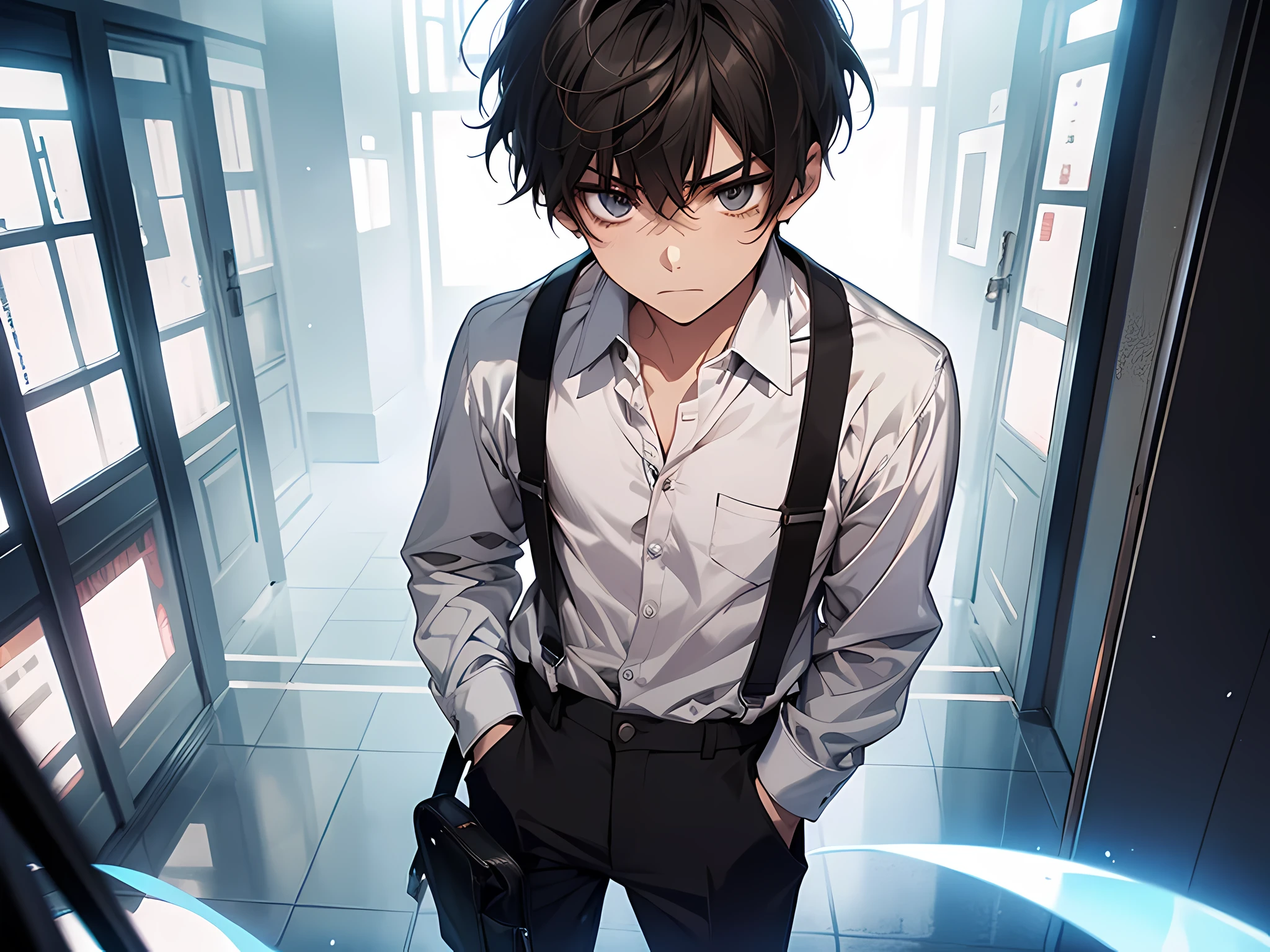 1 poor boy, wearing broken white shirt, weak body, weak face, skinny face, skinny body, short hair, black hair, hand in pocket, standing pose, scared facial expression, standing in front of magic school, half-body illustration, camera angle equal to character
