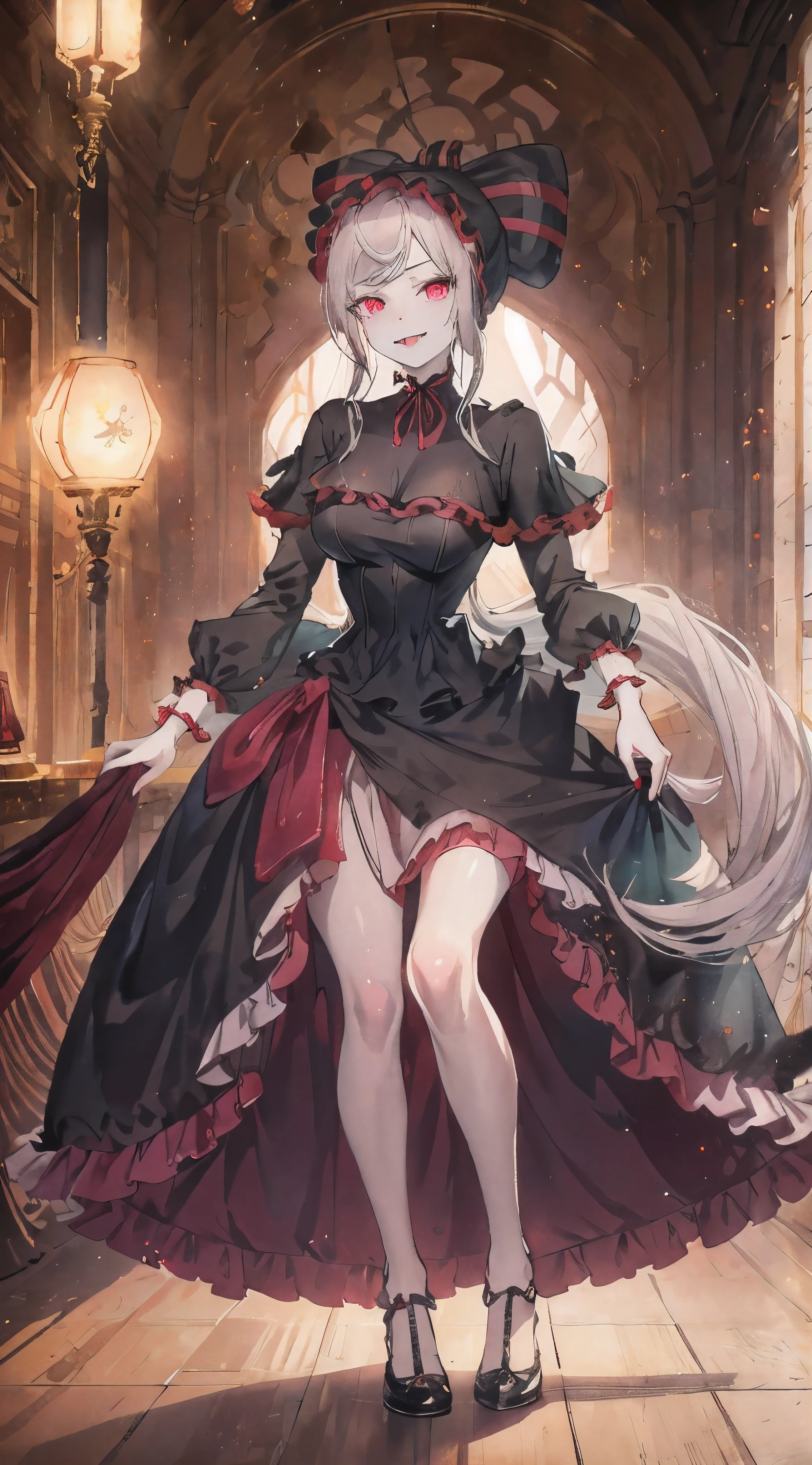 masterpiece, best quality, ShalltearV4, 1girl, solo, dress, frills, bow, hair bow, fang, slight smile, pale skin, glowing, glowing eyes, portrait