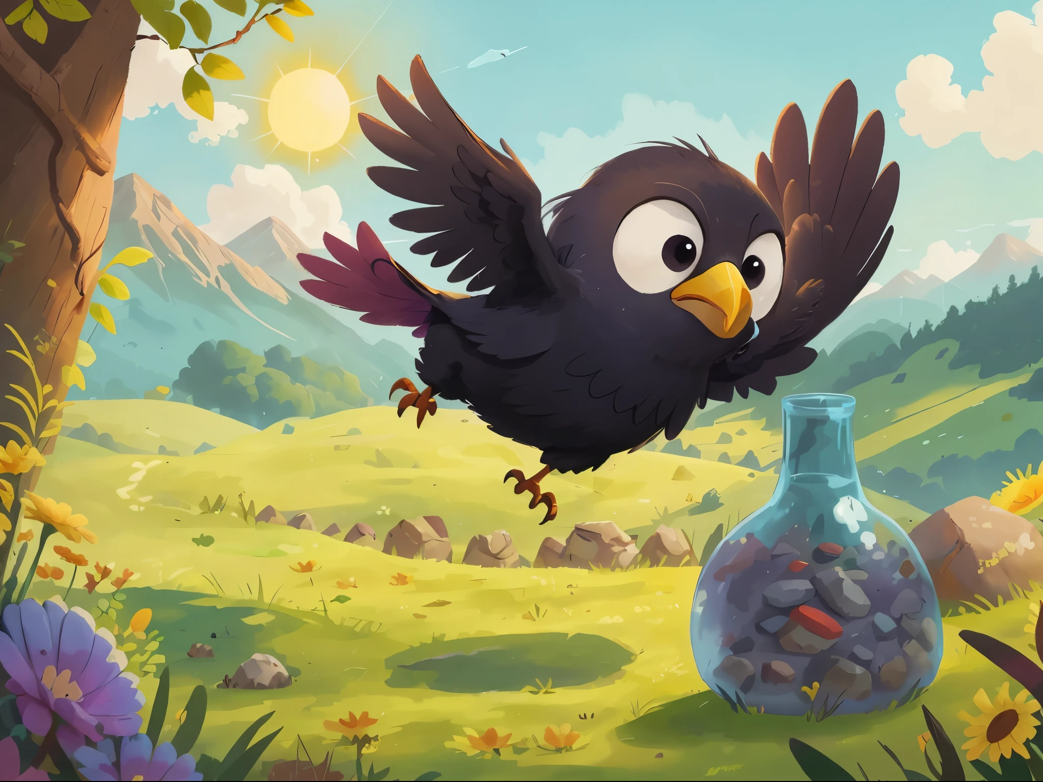 High quality, high-definition, details, A flying crow is holding a stone in its mouthr, cartoons, illustrations,no humans, bird, outdoors, flower, day, sun, sky, grass, cloud, animal focus, tree, pokemon (creature), black eyes, blue sky, solo, mountain, rock, yellow flower, sunflower, purple flower