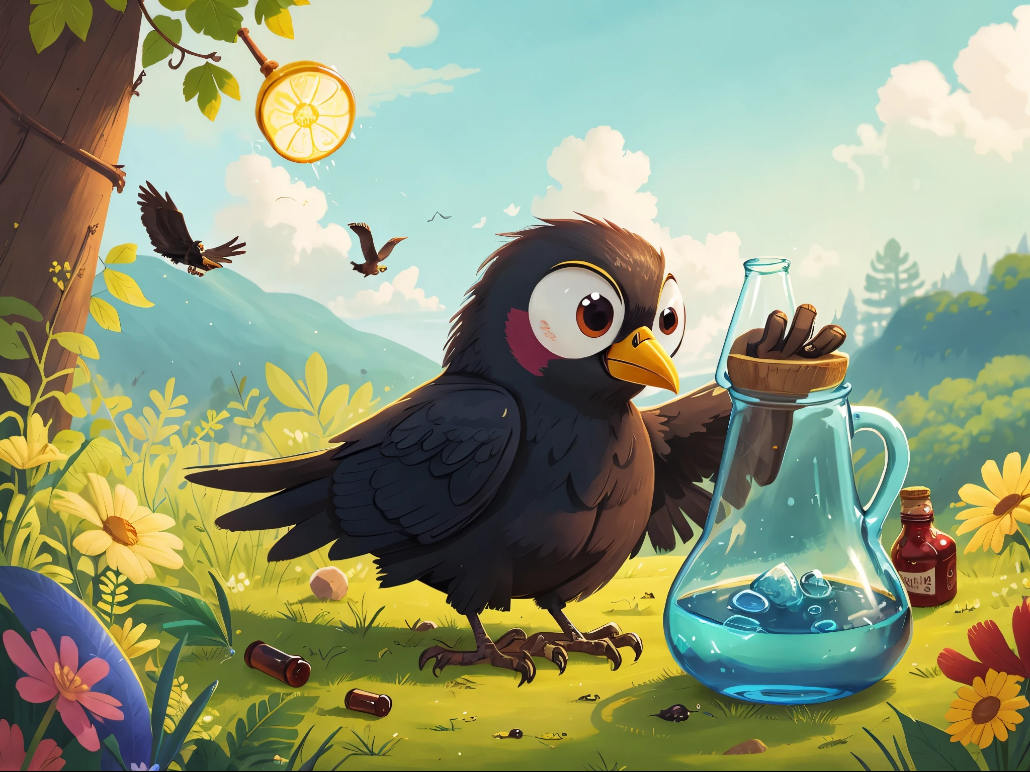 A crow,shaking glass bottle