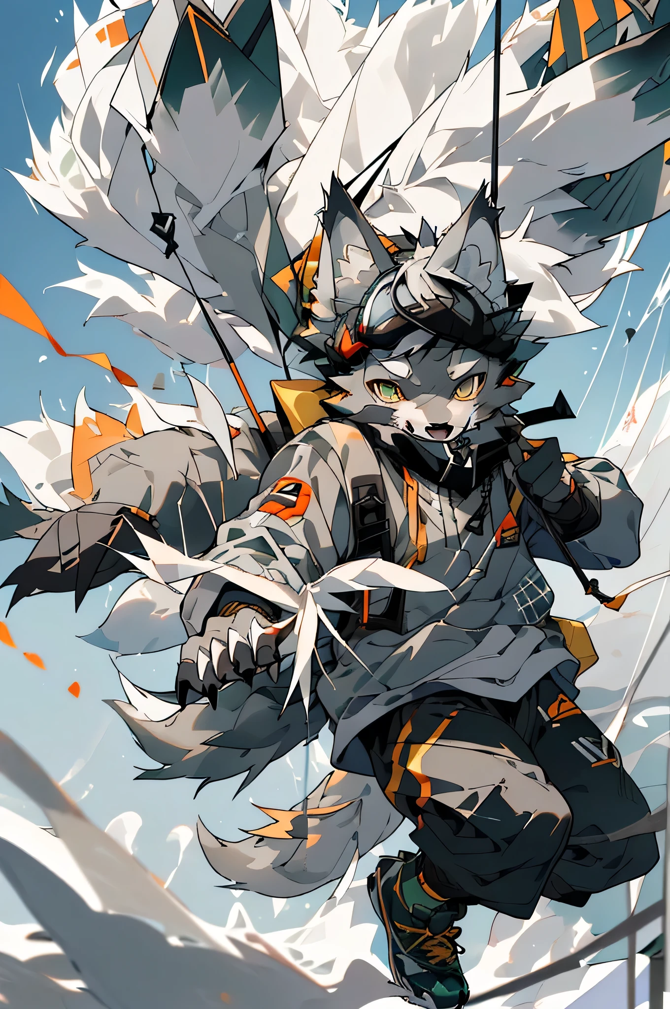 high detail, hyper quality, high resolution, 1080P, (((solo))), furry, (male wolf: 1.5), (storm gray fur: 1.3), storm gray skin, storm gray ears, green golden eyes, sharp claws, (fluffy tail: 1.2), wearing outdoor sportswear, wearing goggles, skydiving, parachuting, jumping from airplanes