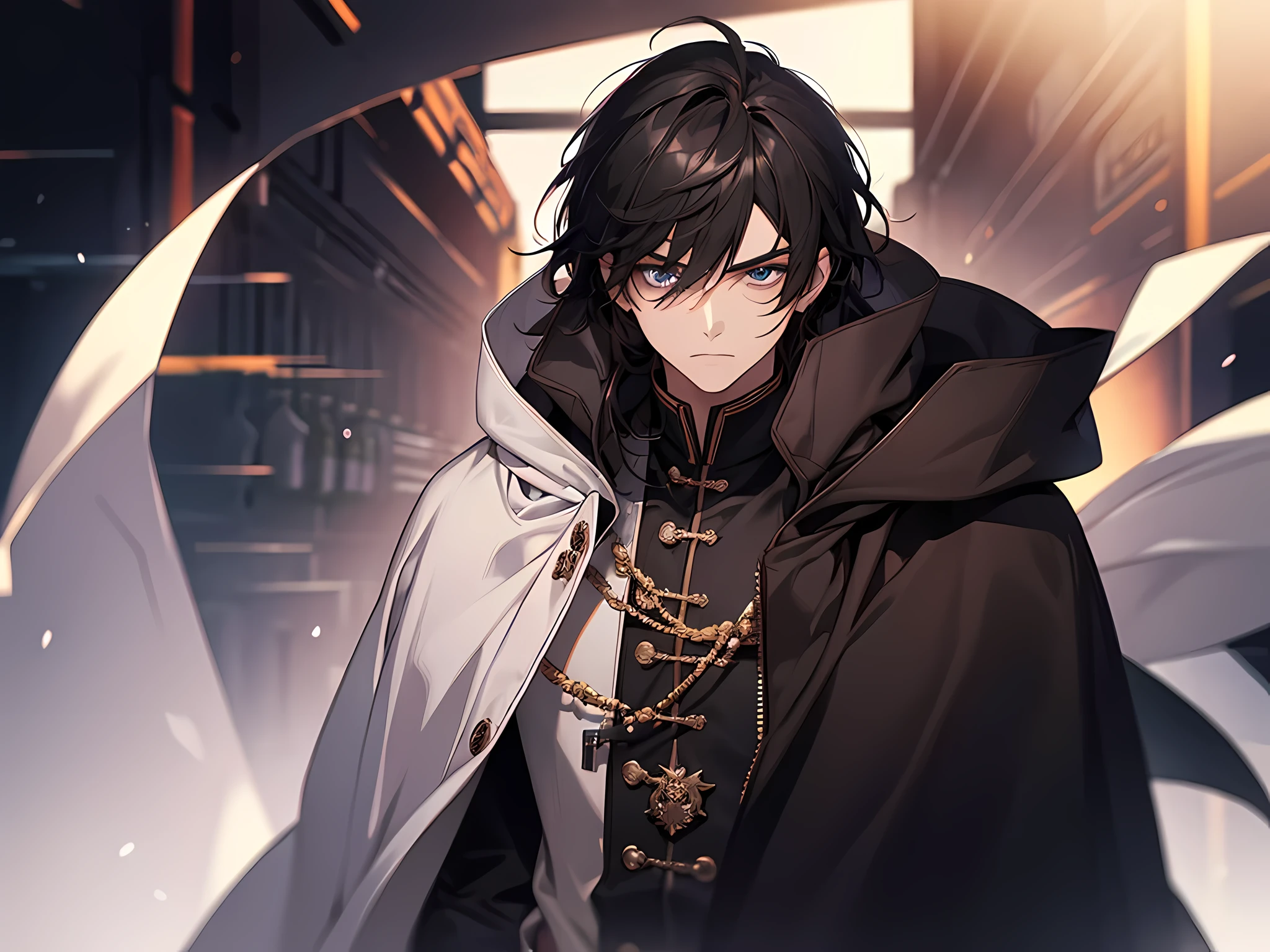 1 man, wearing tatters cloak, medium hair, black hair, straight hair, dark circles of the lower eyelid, face to detail, detailed eyes, look at camera seriously, serious facial expression, standing pose, the background is dessert