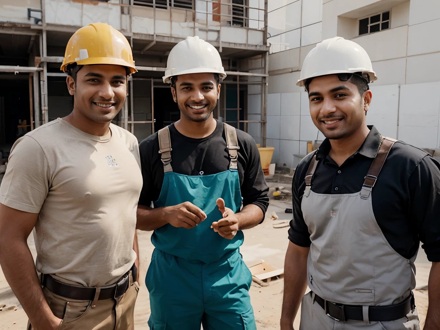 group of 3 male, construction site maintainers, discussing their work, arab indian, happy face