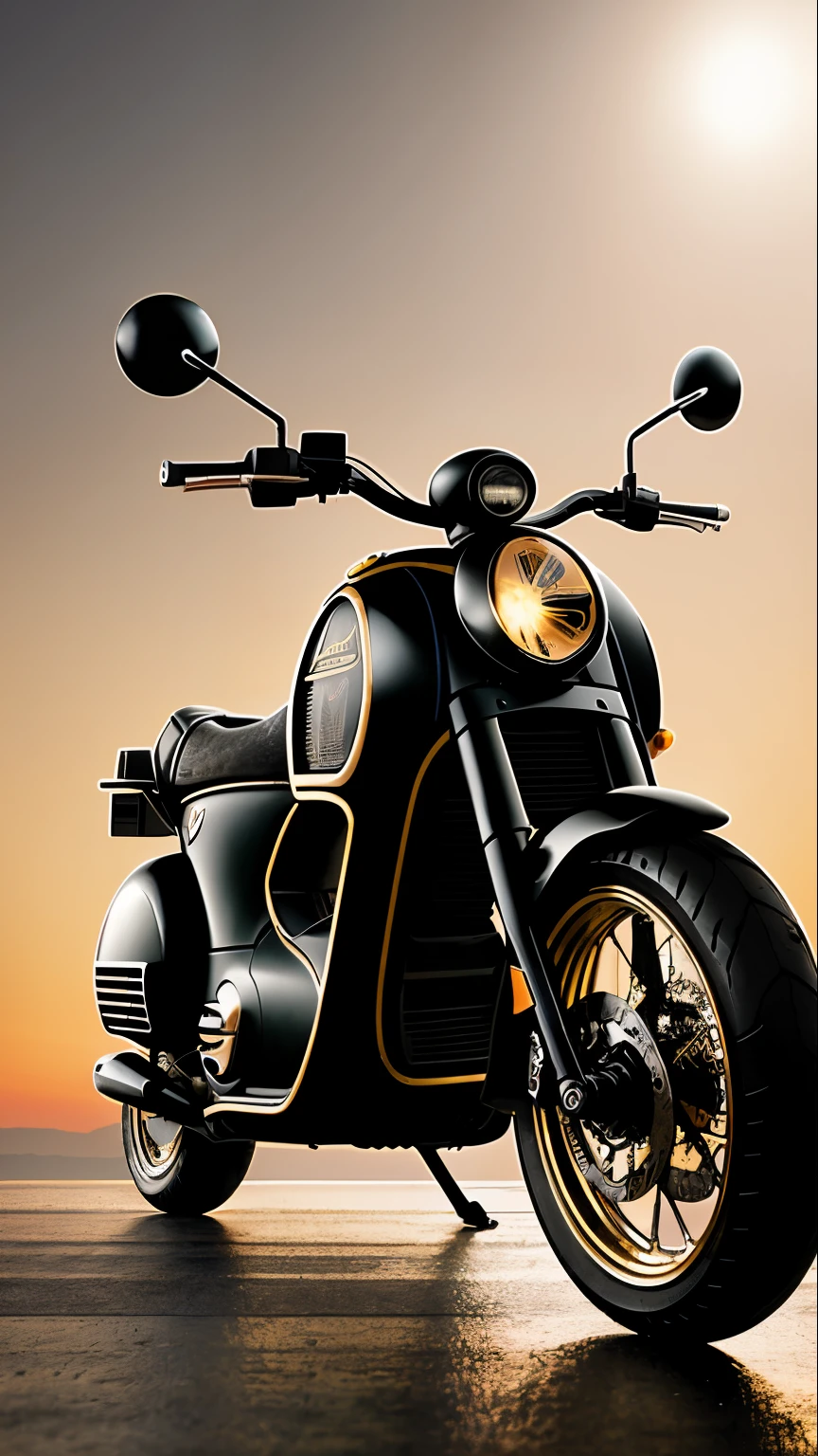 a black vespa-style motorcycle driving down IN AN ARTDECO STYLE STAGE, 4k, (cyborg:1.1), ([cola|decola wire]:1.3), (intricate decola), HDR, (intricate decola, super decola:1.2), cinematography, vignetting, Centered