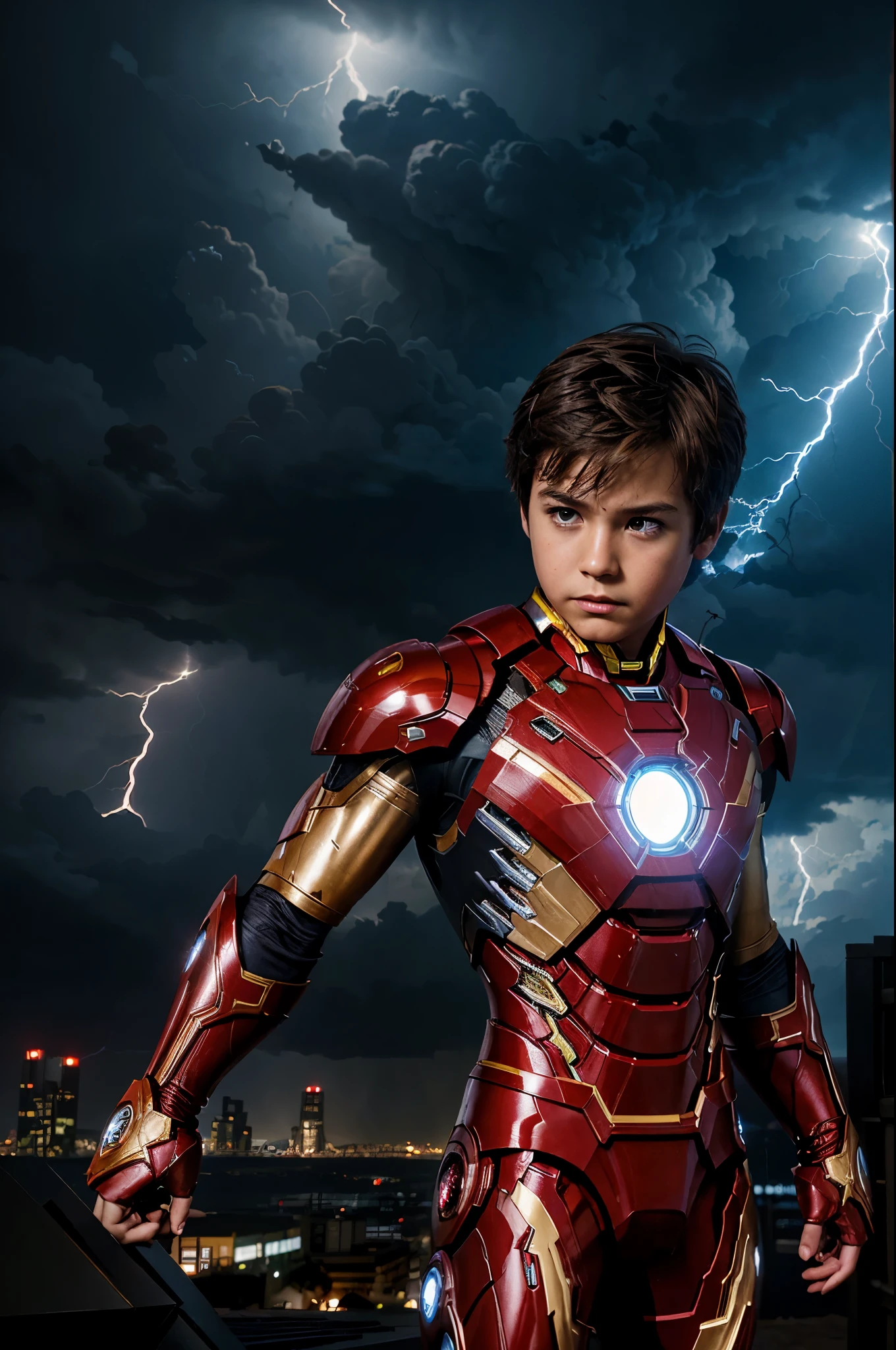 Digital comic book illustration by Clayton Crain, a little boy super hero wielding elemental powers, short brown hair, brown eyes, in a Iron Man's costume that reflects his abilities, standing amidst a stormy cityscape lightning , strong contrasts, from a front angle, in a dynamic action scene, visually striking, immersive atmosphere,