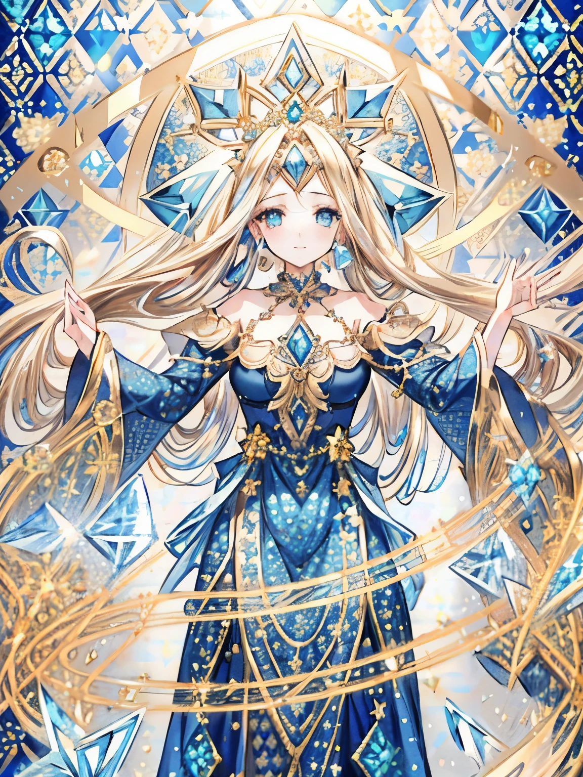 girl,light golden hair,long straight hair,(brown eyes),((BREAK//)),((Jewel-like accessory in the middle of the forehead)),(close up of face),((bluediamond pattern background:1.5)),((dancer costume:1.2)),