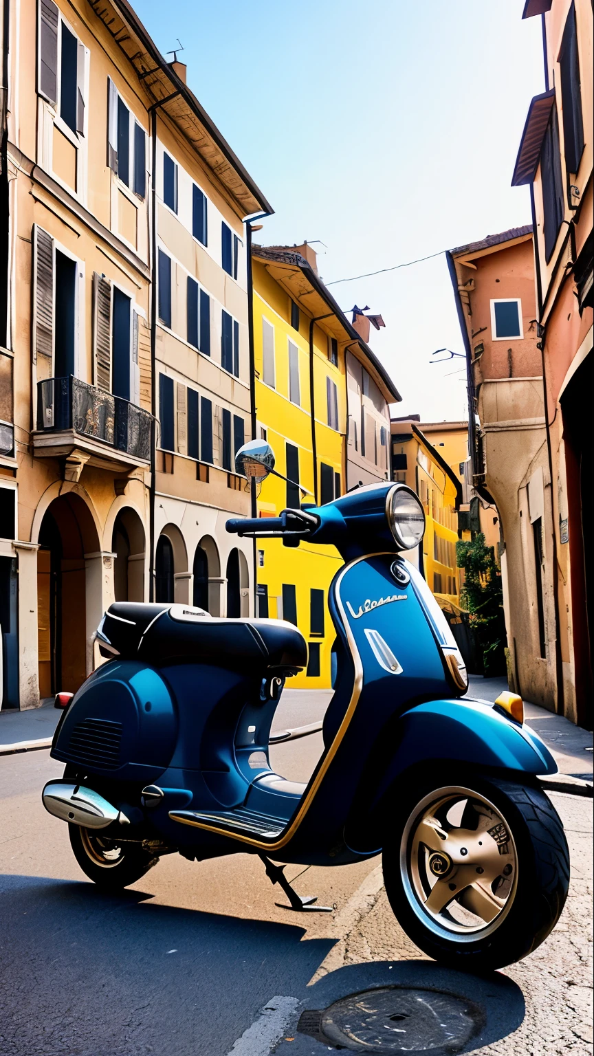 a black vespa-style motorcycle driving down ON A ROME STREET IN 1980, 4k, (cyborg:1.1), ([cola|decola wire]:1.3), (intricate decola), HDR, (intricate decola, super decola:1.2), cinematography, vignetting, Centered