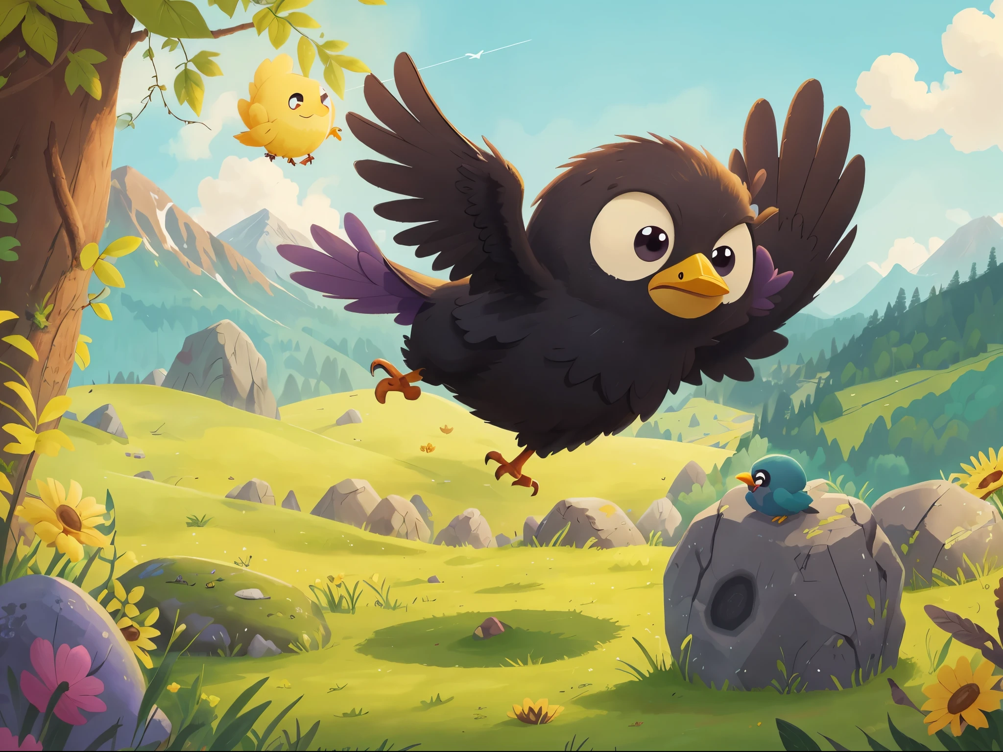 High quality, high-definition, details, A flying crow is holding a stone in its mouthr, cartoons, illustrations,no humans, bird, outdoors, flower, day, sun, sky, grass, cloud, animal focus, tree, pokemon (creature), black eyes, blue sky, solo, mountain, rock, yellow flower, sunflower, purple flower