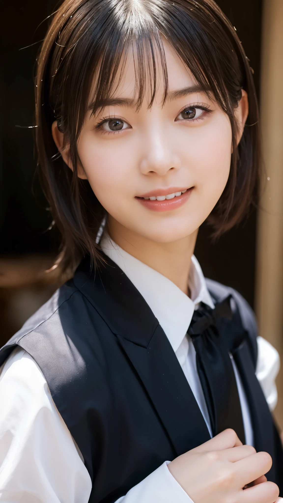 (highest quality,masterpiece:1.3,ultra high resolution),(Super detailed,caustics,8k),(photorealistic:1.4,RAW shooting),girl dressed as a butler,Japanese,boyish,smile,20-year-old,black hair short cut,looking at the camera,Inside a Western-style mansion,shot from the waist up,front,face focus,Face close-up,(Warm light),professional writing