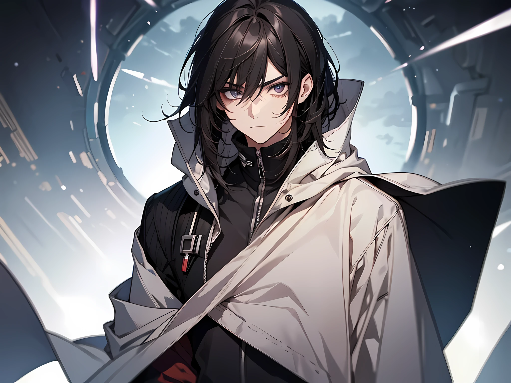 1 man, wearing tatters cloak, medium hair, black hair, straight hair, dark circles of the lower eyelid, face to detail, detailed eyes, look at camera seriously, serious facial expression, standing pose, the background is dessert