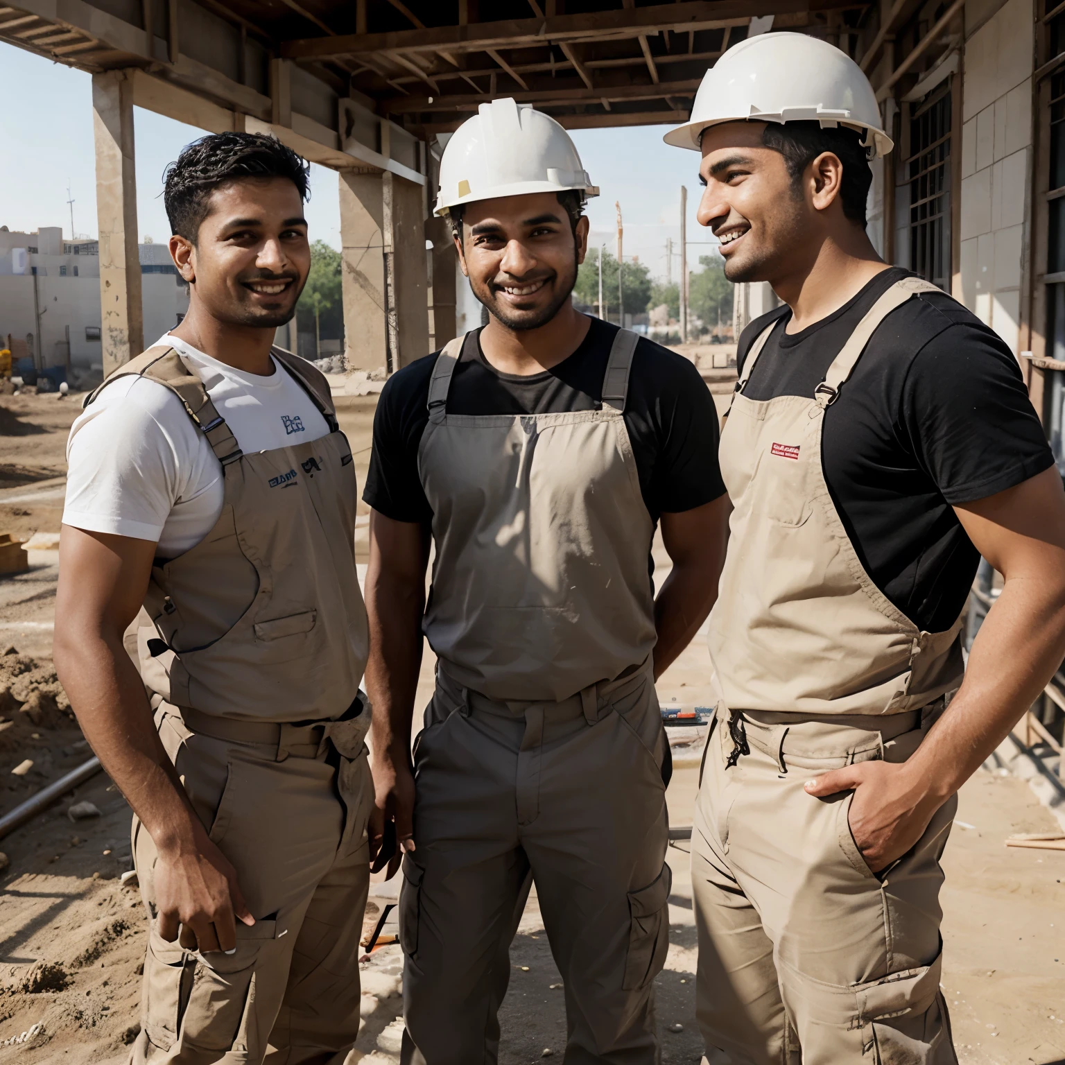 group of 3 male, construction site maintainers, discussing their work, arab indian, happy face