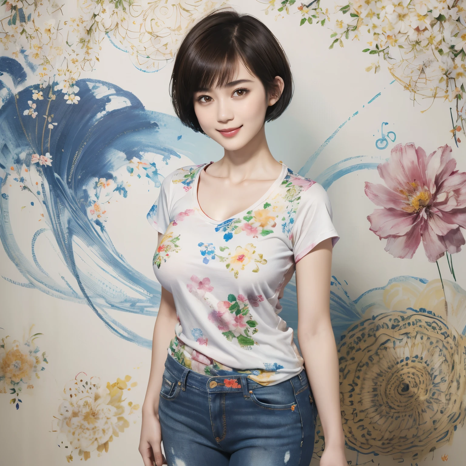 156
(Shorthair:1.46), (a 20 yo woman, standing), (A hyper-realistic), (Masterpiece), (8KUHD), (gentle smile), Slender waist, Wearing jeans, ((Floral Clothing - T-Shirts)), Wearing long pants, abstract splash painting, (doodle:1.46), (breasts:1.46), (口紅)