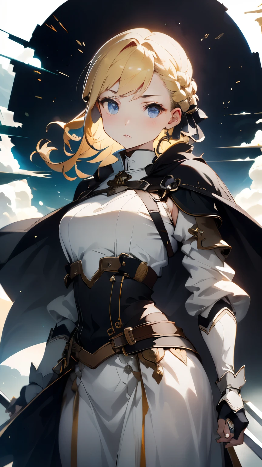 one woman、Rin々new appearance、Rinとした表情、cold look、medieval monk、pure white battle uniform、blonde、french braid、have a sword、white cloak、Sword Art Online、(masterpiece, highest quality, highest quality, official art, beautiful and aesthetic:1.2)