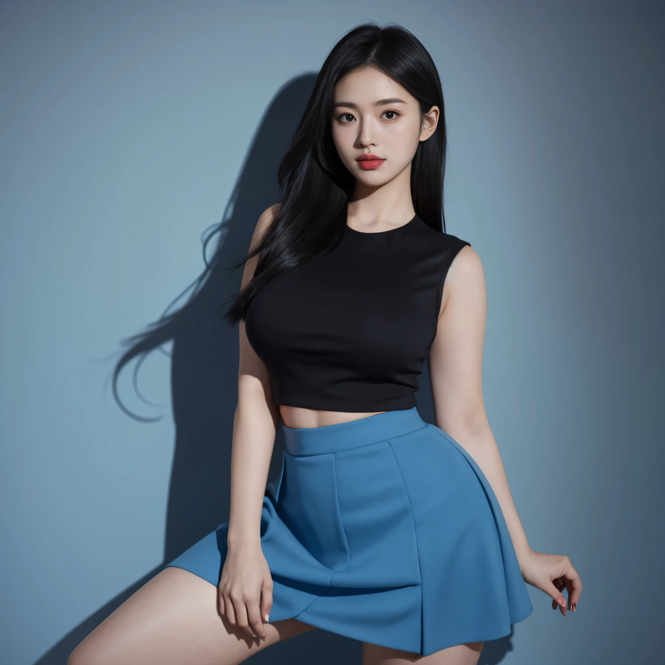 A woman posing for a photo, Short blue skirt,curvy arms, long hair, black hair, have, incredibly beautiful, strong posture, very beautiful