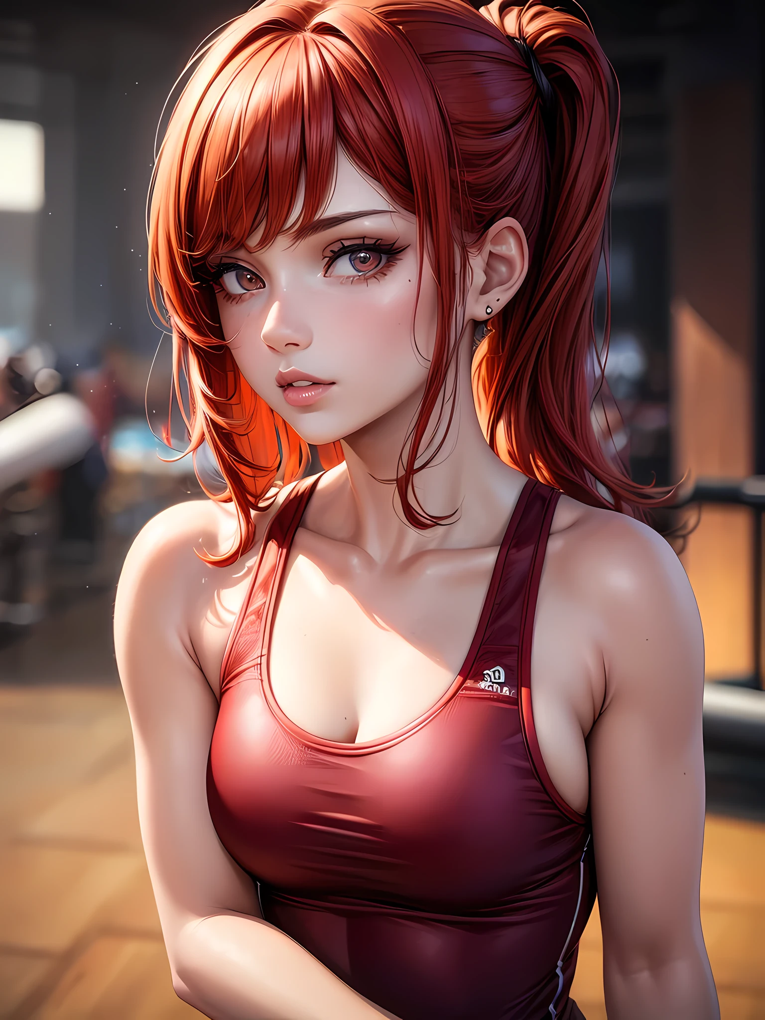 (best quality,4K,8 TAUSEND,High Resolution,Meisterwerk:1.2), ultradetailliert, 1girl, Rote Haare, braune Augen, detailed facial features, beautiful detailed eyes, beautiful detailed lips, lange Wimpern, Tragen Sie stilvolle Sportkleidung, Hintergrund im Fitnessstudio, Blick auf den Betrachter, leuchtende Farben, natural light,