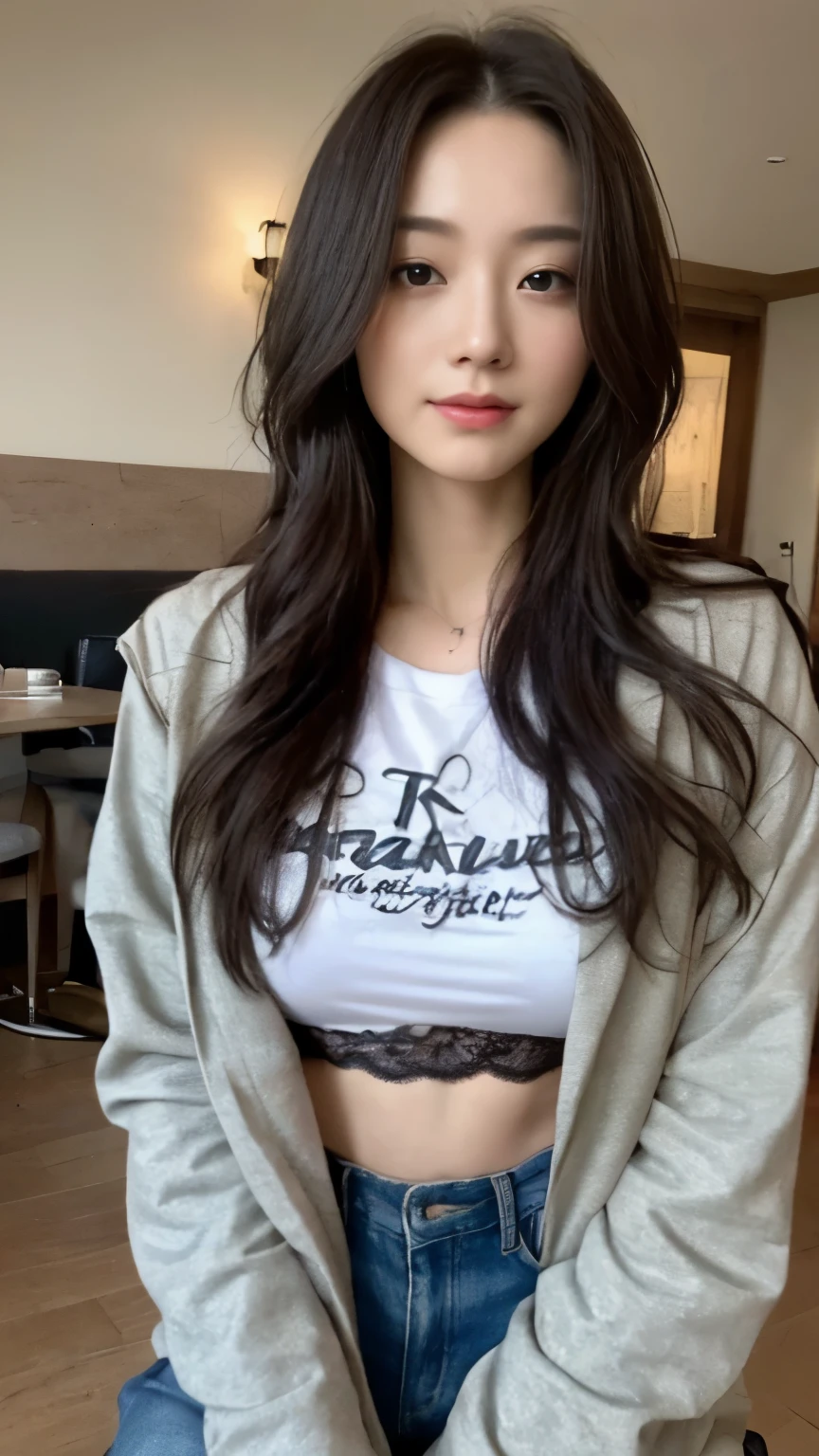 ((top-quality、8k、​masterpiece:1.3))、Beautiful woman with perfect body:1.4、slim abdomen:1.2、Longhair, normal breast, Highly detailed facial and skin texture, A detailed eye, delicate eyes, double eyelid, (smile), (full body shot), ((restaurant)), (sitting on chair), (((wearing t-shirt with jacket))), looking in front