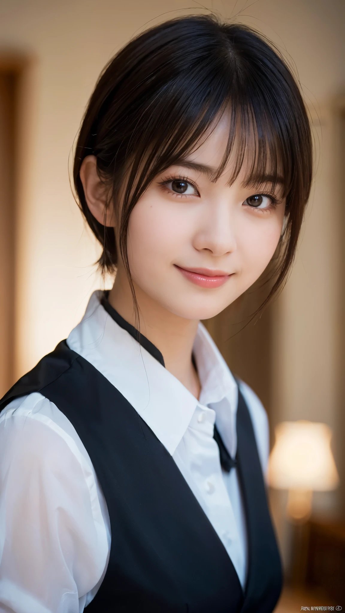 (highest quality,masterpiece:1.3,ultra high resolution),(Super detailed,caustics,8k),(photorealistic:1.4,RAW shooting),girl dressed as a butler,Japanese,boyish,smile,20-year-old,black hair short cut,looking at the camera,Inside a Western-style mansion,shot from the waist up,front,face focus,Face close-up,(Warm light),professional writing