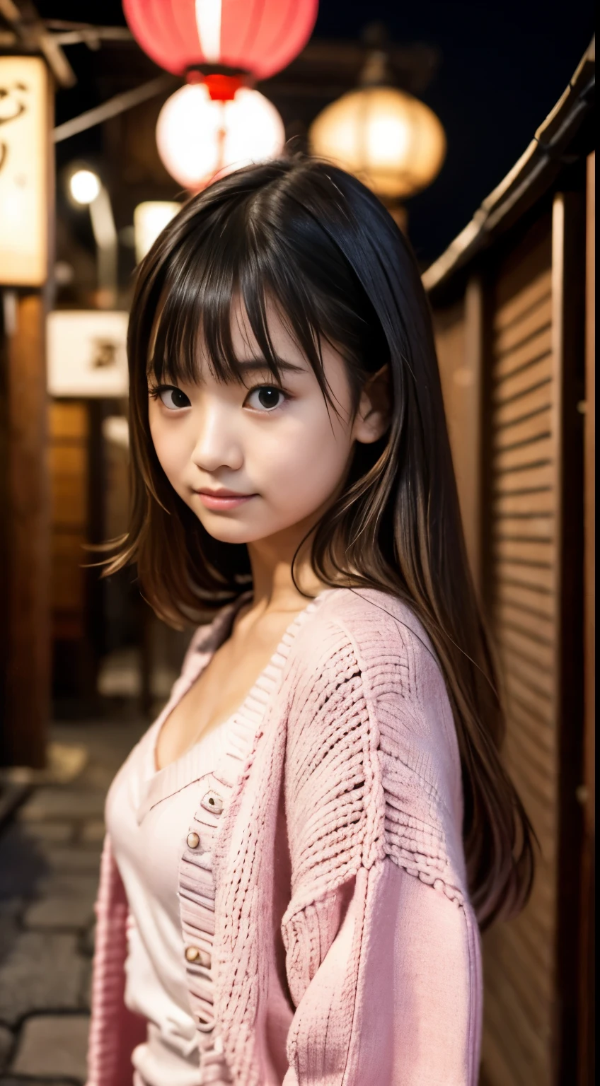 stand in japanese traditional street, in kyoto, japanese girl, 15 years old, little, cute,  (pink oversized knitted sweater:1.3), in the night, pupils sparkling, brown long hair, depth of field, f/1.8, anatomically correct, textured skin, super detail, high details, high quality, super detail, high details, high quality, best quality, highres, sexy pose