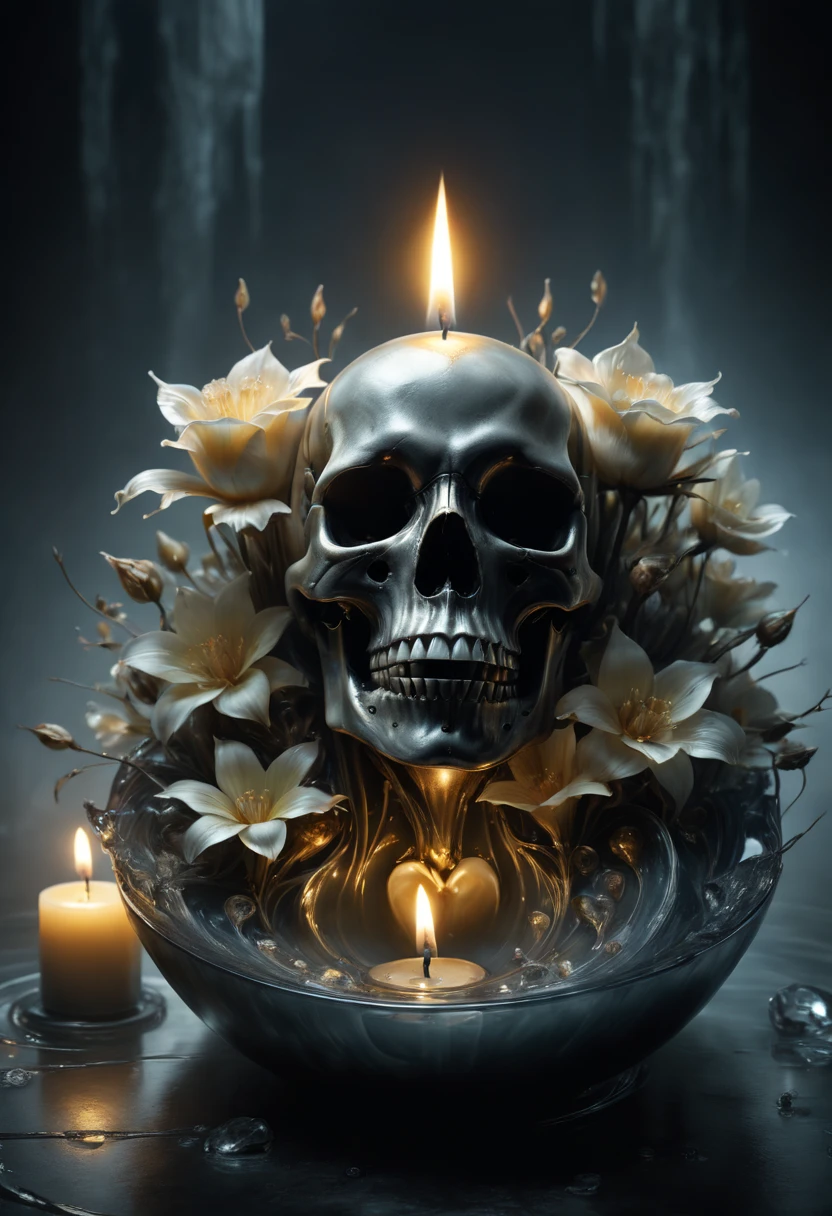 Heart skull flower sculpture made of translucent wax, encased within a block of ice, resting inside a tarnished silver basin, with a single flickering candle casting shadows, set against a dark, foreboding background, surrealistic conceptual fine art, HD detail, dramatic candlelight, 32K resolution, volumetric effects., mystical ambiance, fantasy concept, dramatic lighting, ultra-fine 32k detail, cinematic allure, sf, intricate artwork masterpiece, ominous tones, matte painting style movie poster, golden ratio composition, trending on CGSociety, intricate design, epic visual, trending on ArtStation, inspired by Artgerm, H.R. Giger, and Beksinski, highly, sharp focus akin to Miki Asai's macro photography, intricate details boasting the clearness of a 32k .highest quality、highest resolution、masterpiece.