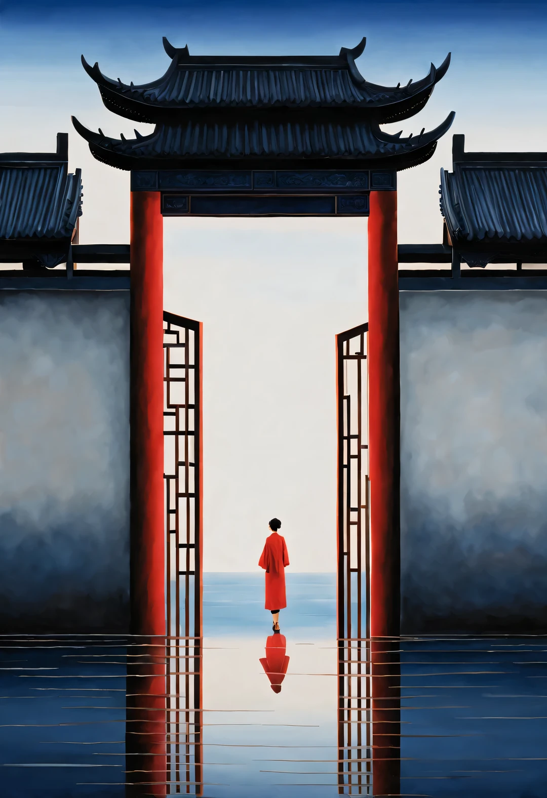 minimalist composition，The main color is Chinese red、indigo，gouache painting，Studio photos，Ancient Chinese red city wall gate，A woman with long hair in red clothes is standing there，like walking into the city gate，Looking at the blue sky in the distance，Blue water surface ， reflection，diffusion gradient，，Sense of space ，sense of lines，translucent，matte texture，chenjialing，Ando，Liu Ye，Minimalism