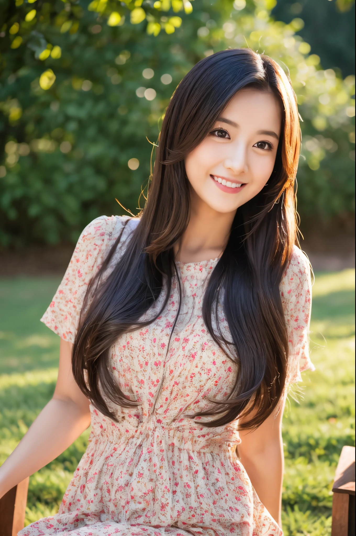 ((Top quality, 8K, Masterpiece: 1.3)), Beauty, Pure, Melon face, Kind and cute, Sweet smile, Pure desire, Slender body, (Front), (Tilted head), ((Looking at camera)) , wearing a patterned dress, black silky long hair, long shoulders, round black big eyes, clear big eyes, moist red lips, sweet, sitting on a chair, park background, ((( whole body))),