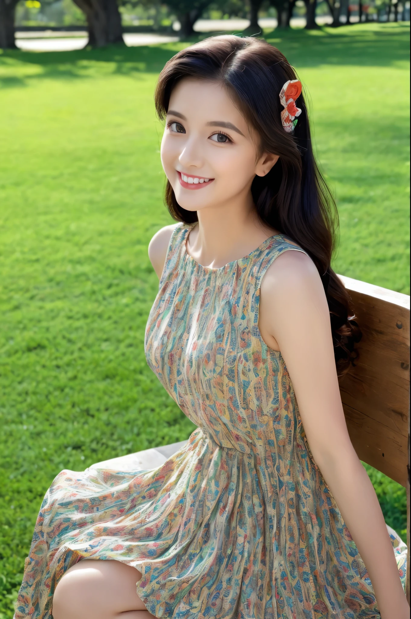 ((Top quality, 8K, Masterpiece: 1.3)), Beauty, Pure, Melon face, Kind and cute, Sweet smile, Pure desire, Slender body, (Front), (Tilted head), ((Looking at camera)) , wearing a patterned dress, black silky long hair, long shoulders, round black big eyes, clear big eyes, moist red lips, sweet, sitting on a chair, park background, ((( whole body))),