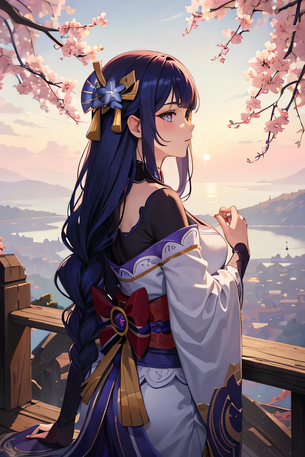 masterpiece, best quality, an extremely delicate and beautiful girl,an extremely delicate and beautiful, world masterpiece theater, ultra-detailed, highly detailed, best quality, blonde hair, highres, extremely detailed,1girl, best quality, illustration, looking at viewer, impasto, canvas, oil painting, realistic, realist ,real, raiden shogun, genshin impact, back view