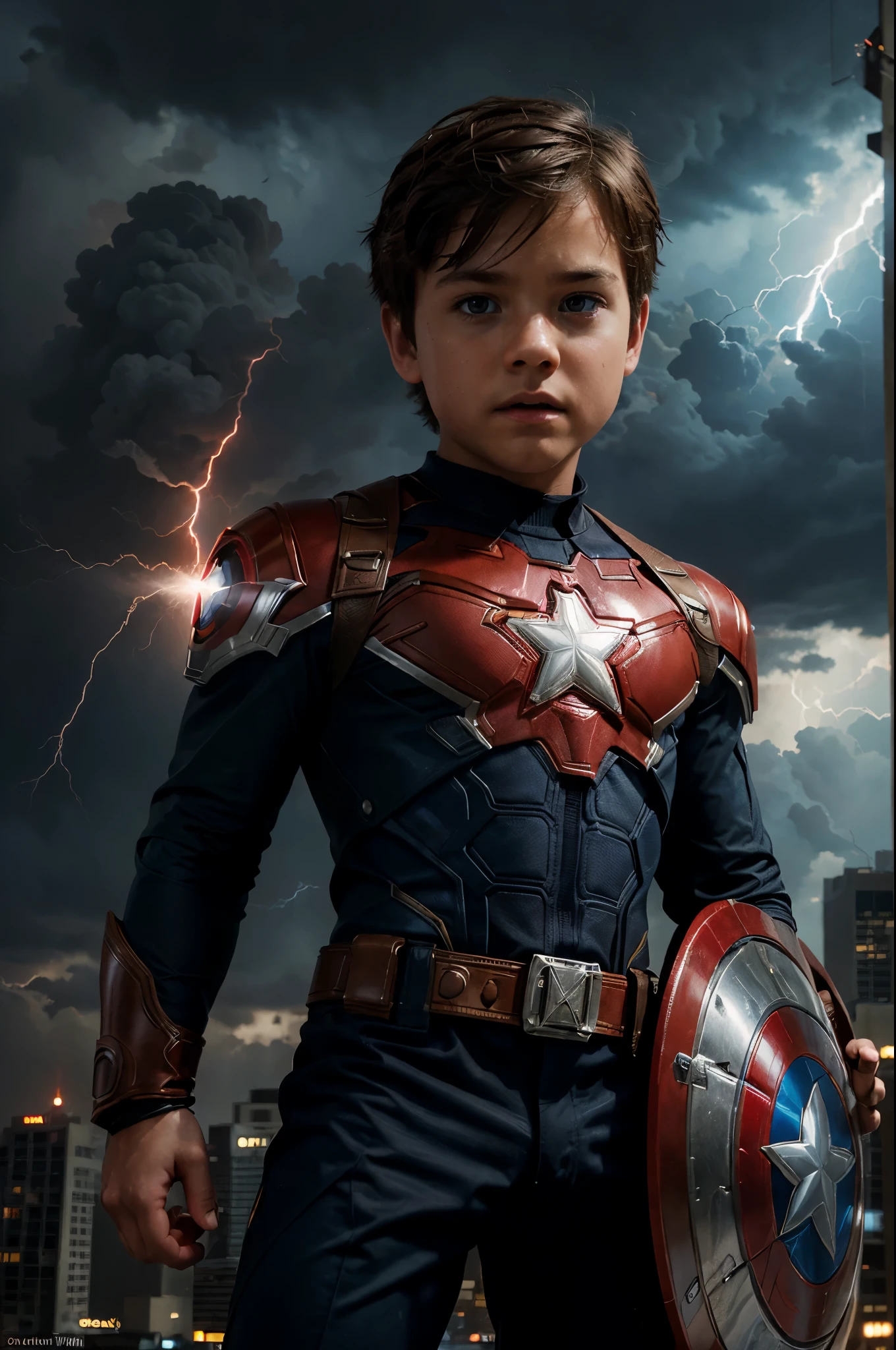 Digital comic book illustration by Clayton Crain, a  super hero wielding elemental powers, short brown hair, brown eyes, in a Captain America's costume with his shield that reflects his abilities, standing amidst a red stormy cityscape lightning , strong contrasts, from a front angle, in a dynamic action scene, visually striking, immersive atmosphere,