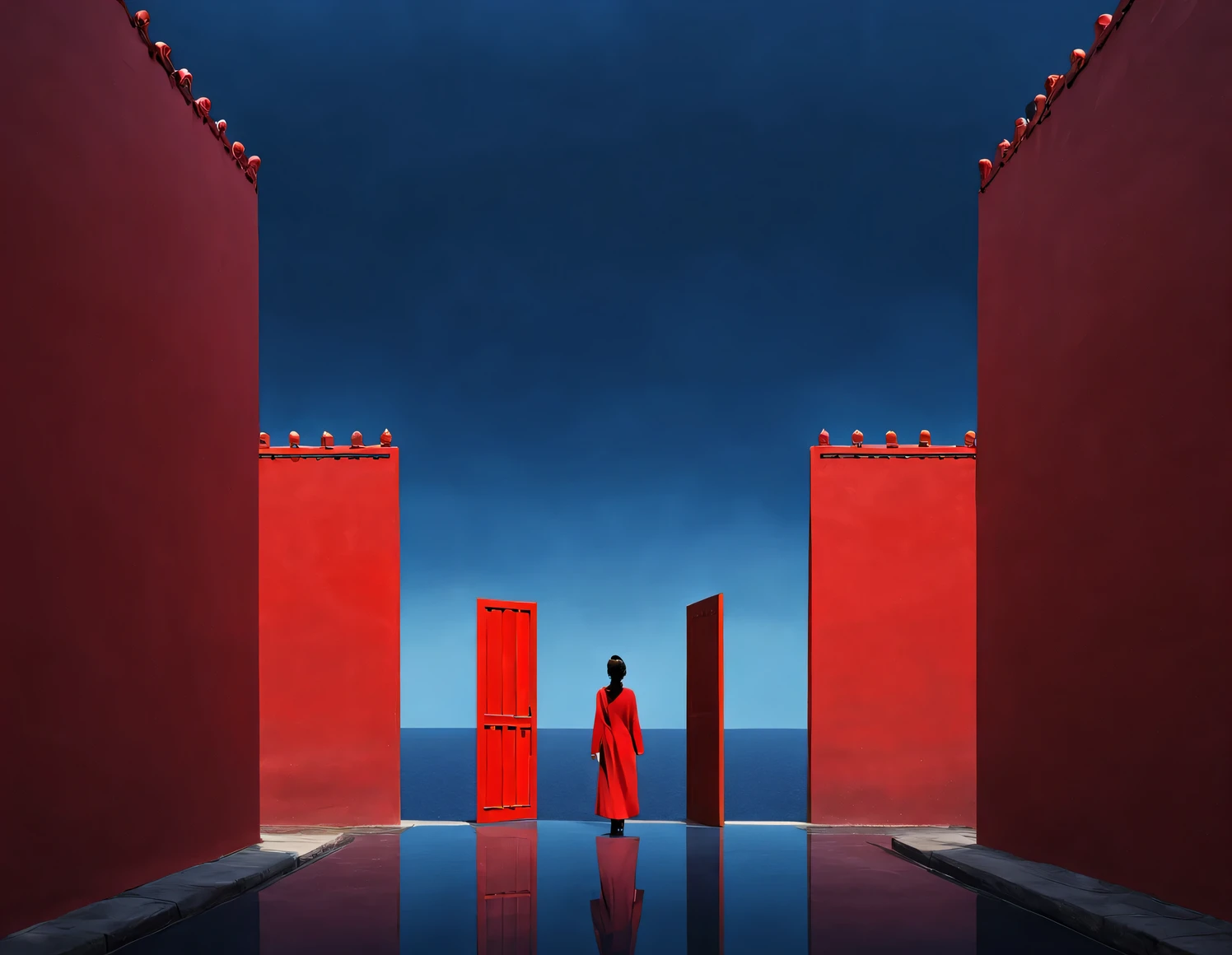 Simple composition ancient Chinese red city wall gate，A woman in red is standing there，like walking into the city gate，Looking at the blue sky in the distance，blue aqua chinese red indigo， reflection，diffusion gradient，Liu Ye，Sense of space ，sense of lines，translucent，matte texture，chenjialing，Ando，Liu Ye，Minimalism